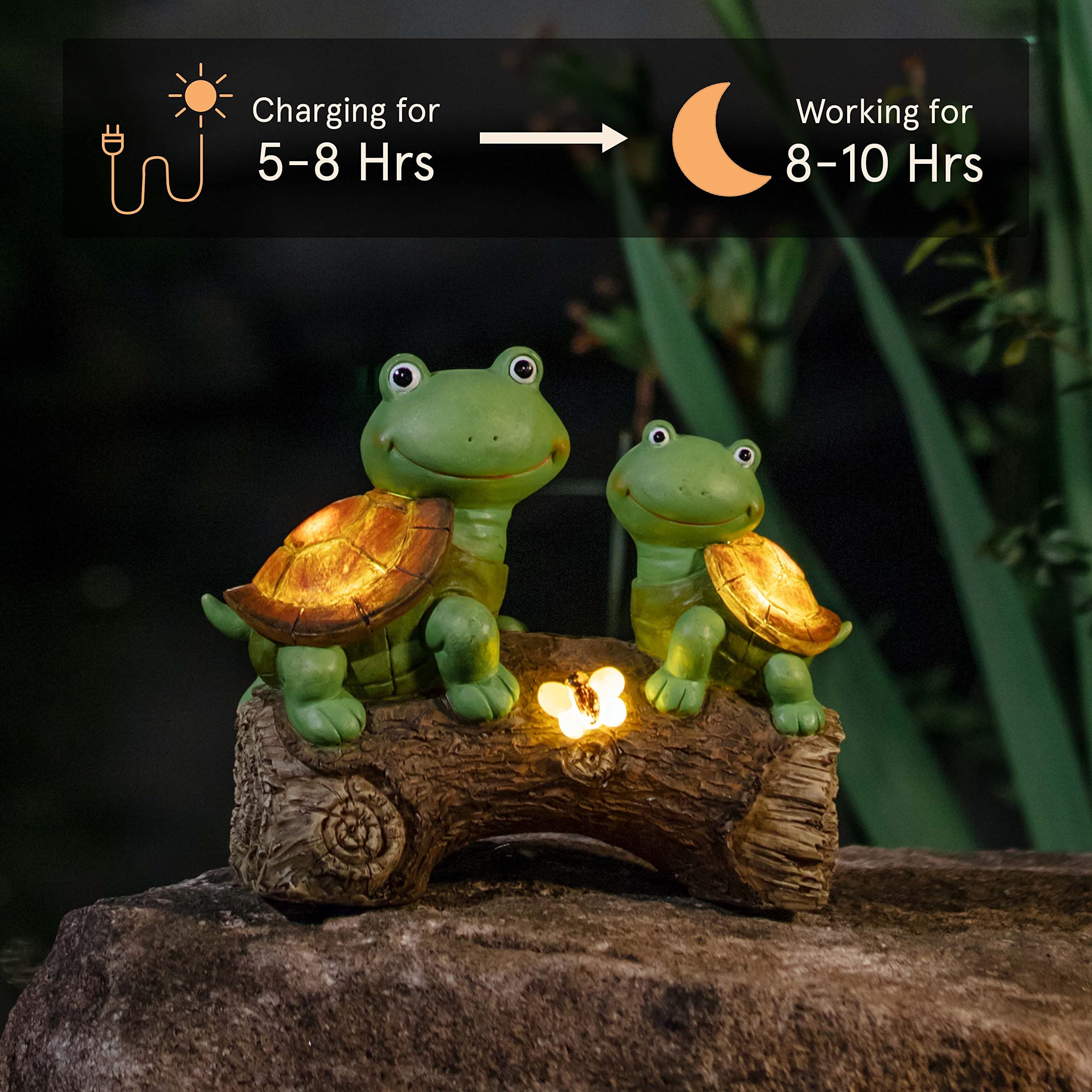 LA JOLIE MUSE 10 Inch Solar-Powered Garden Turtle Statue - Cute Frog-Faced Resin Turtle Figurine with LED Lights | Outdoor Lawn Decor, Fall Gnome Yard Ornaments & Thoughtful Gardening Gifts for Mom | Perfect for Patio, Backyard Decor & Mother's Day Presents