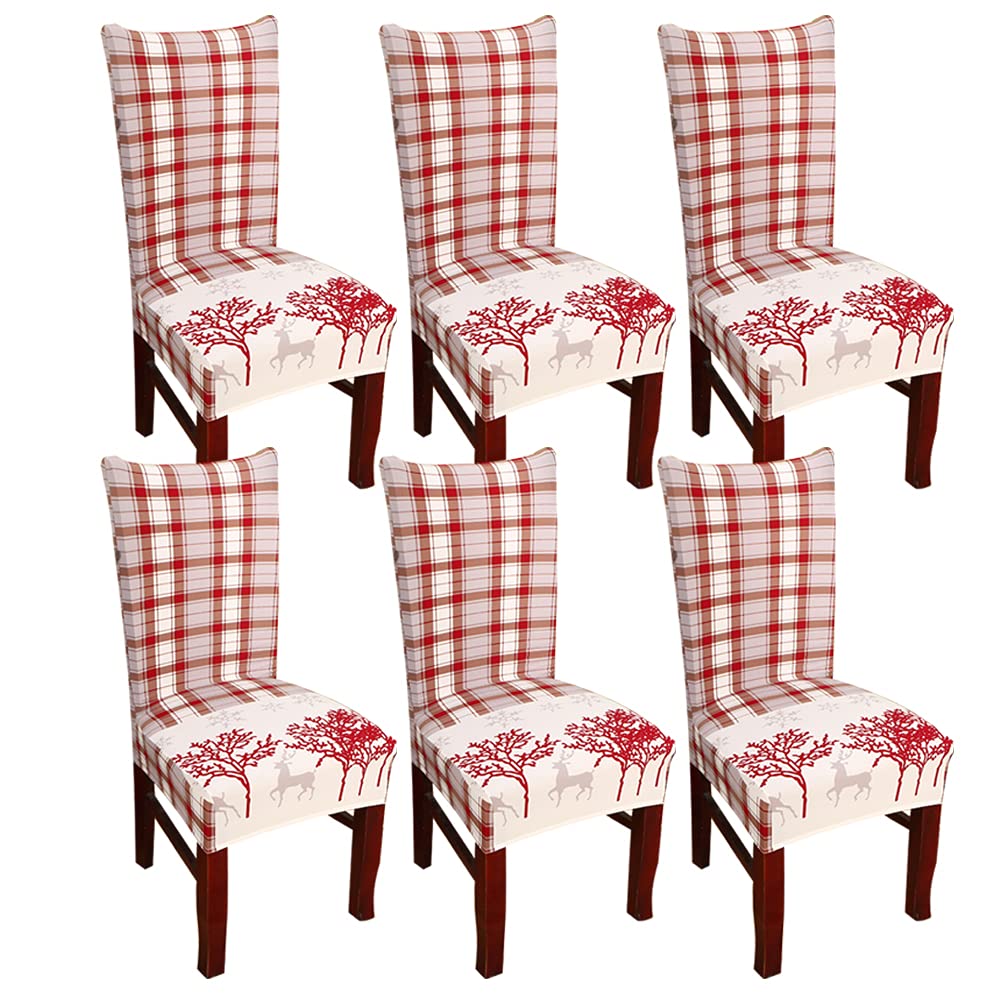 Christmas Chair Covers - Stretchable Washable Slipcovers for Dining Room, Home & Hotel Use - Snowflake Elk Tree Buffalo Plaid Design - White Set of 6 - Perfect for Holiday Decorations, Parties & Winter Weddings