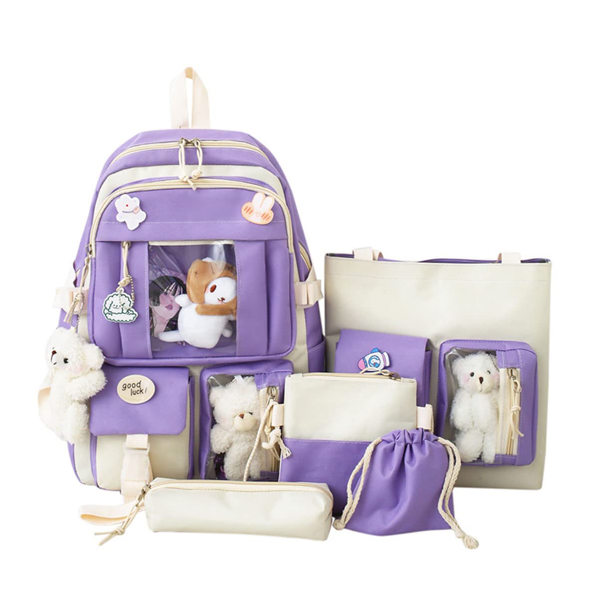 5 PCS Kawaii Backpack Set - Aesthetic Cute Backpack with Pin Pendant, Pencil Case, Shoulder Bag & Purse for Women & Girls | Perfect for School, Travel, Work & Daily Use