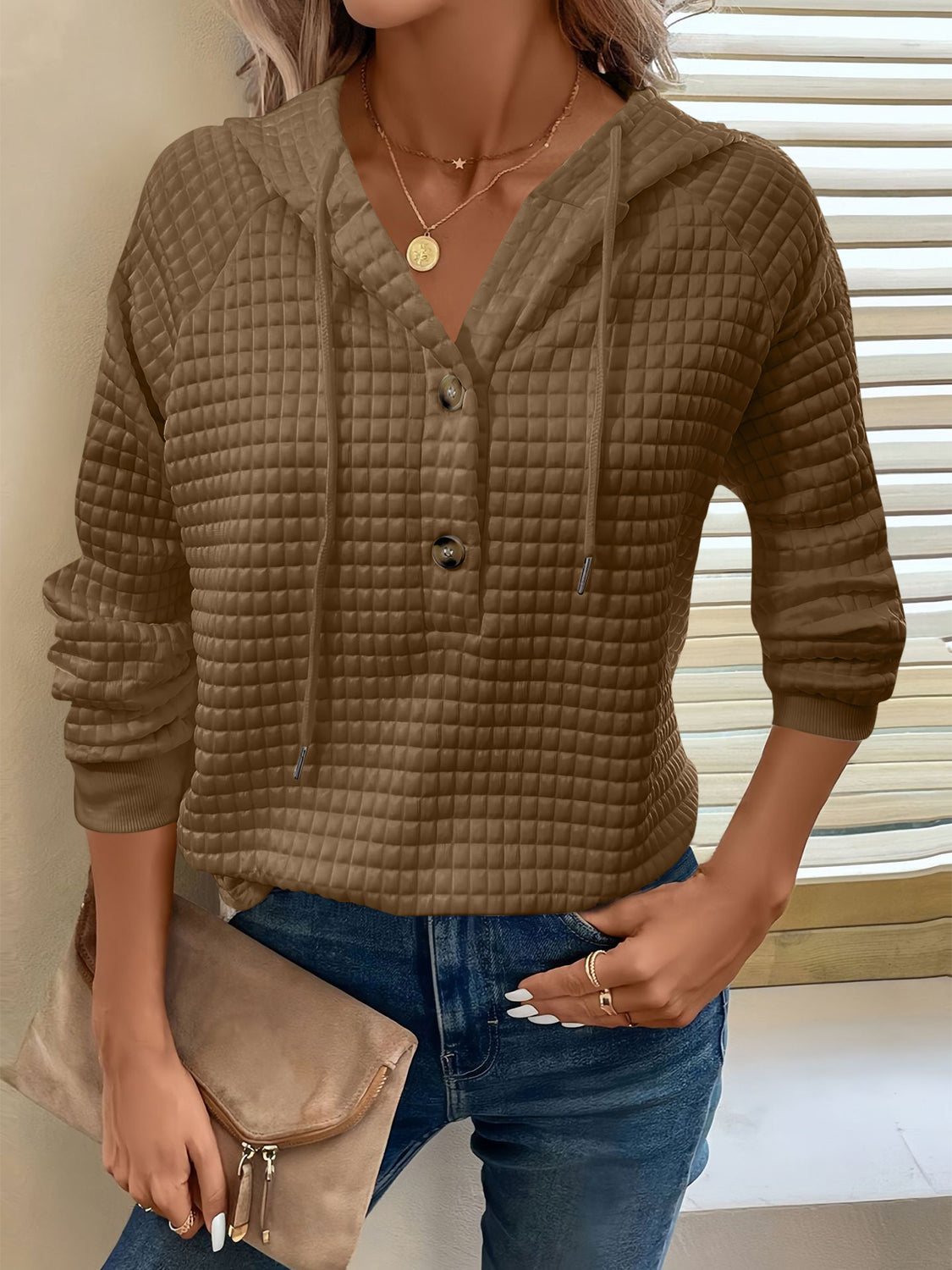 Full Size Textured Button Detail Drawstring Long Sleeve Hoodie for Men & Women - Cozy Casual Wear for Fall Winter Outdoor Activities