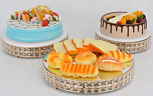 3-Tier Gold Metal Cake Stand with Crystal Beads & Mirror Top - 12