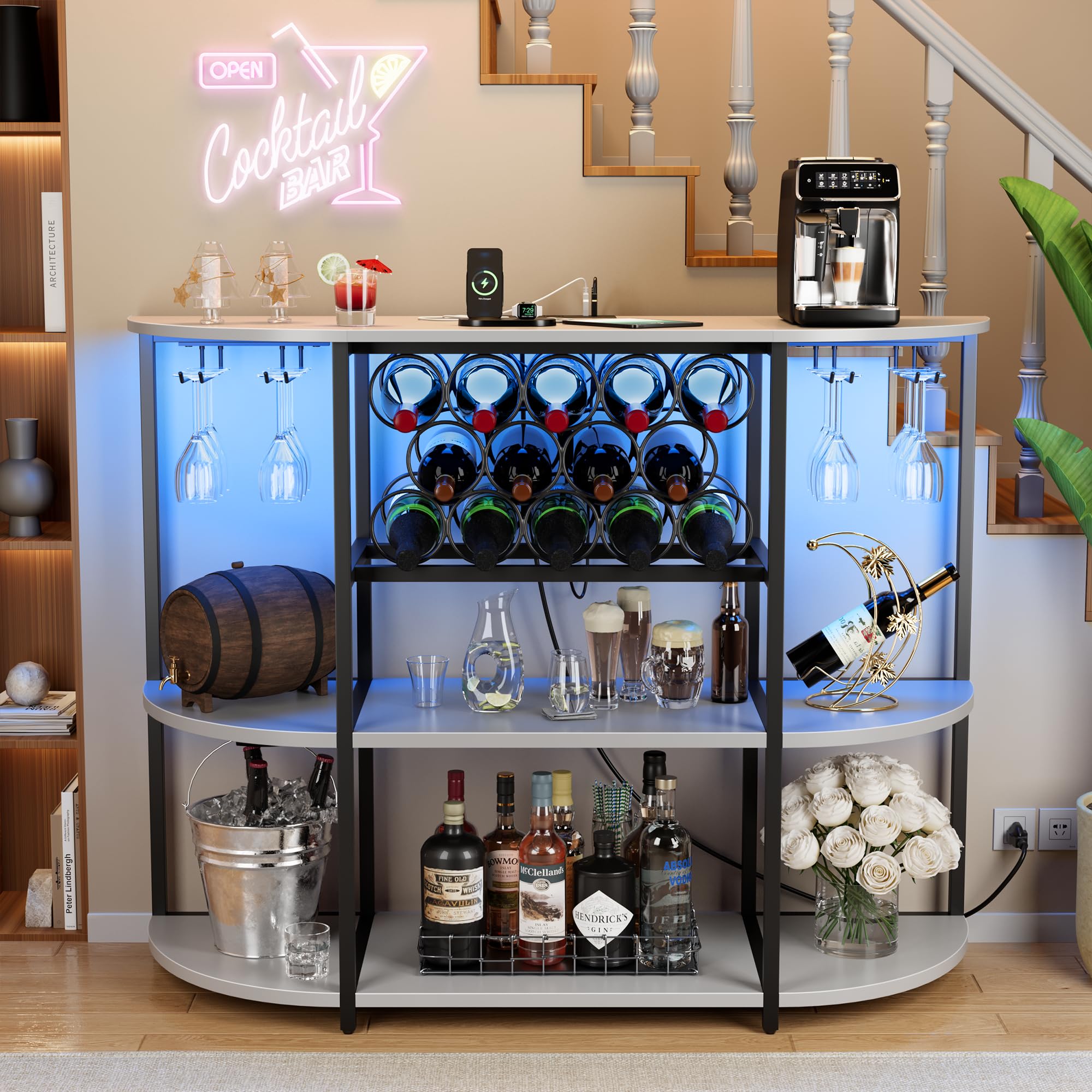 VICTONE Freestanding Wine Bar Cabinet with LED Lights & Power Outlets - Modern Liquor Storage with Glass Holder & Wine Rack - Perfect for Home Kitchen, Dining Room, Bar & Entertainment Areas (White)