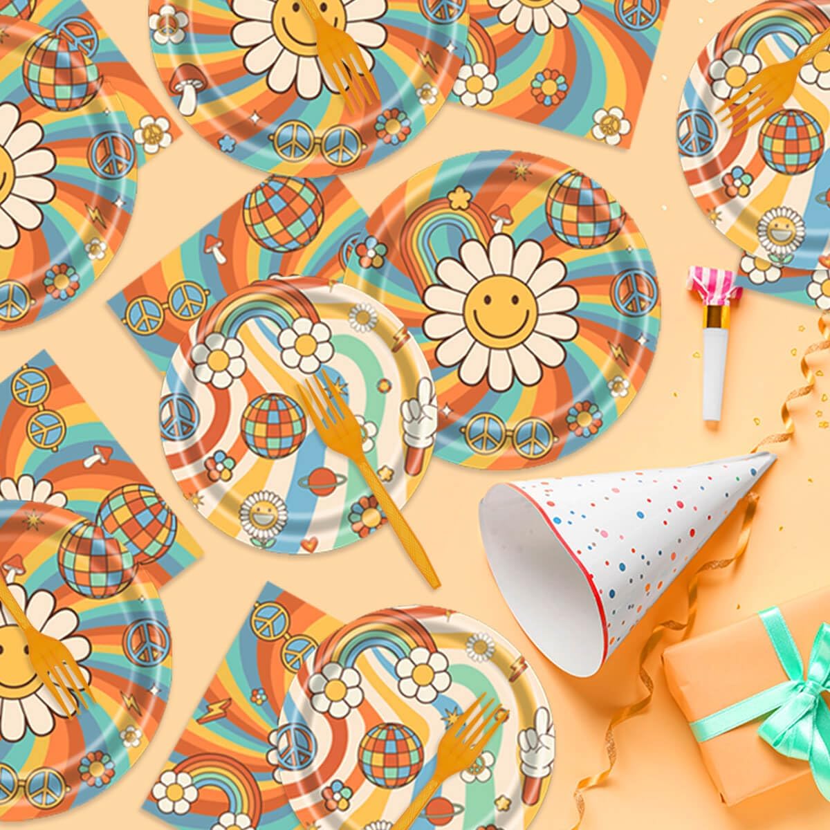 96-Piece Groovy Hippie 70s Party Supplies Kit - Boho Flower Rainbow Disposable Tableware Set with Plates, Napkins & Forks - Retro Daisy Birthday Party Decorations & Favors - Perfect for 70s Theme Parties, Boho Baby Showers, and Hippie Birthday Celebrations (Serves 24)