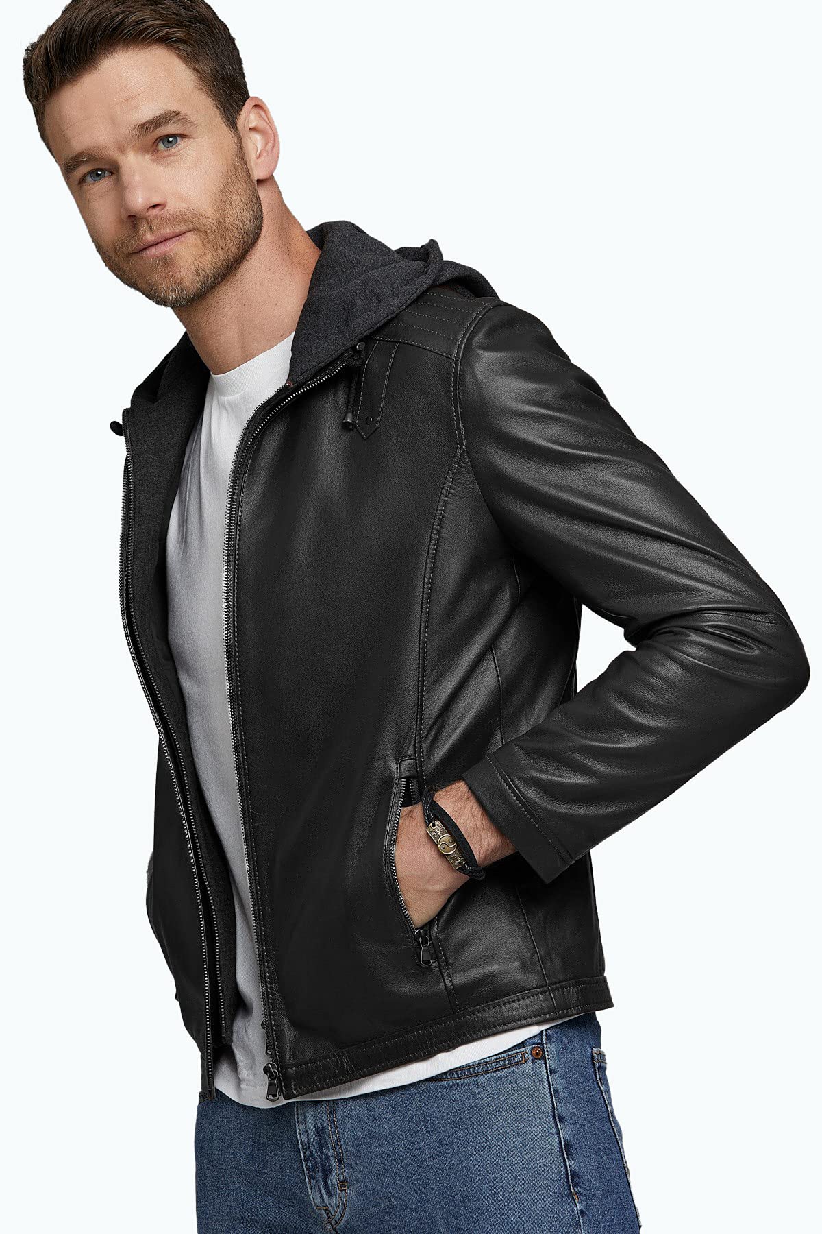 Premium Genuine Leather Jacket for Men with Hood - Lightweight Motorcycle Bomber Jacket in Black & Brown | Casual Wear, Biker Style & Outdoor Adventure
