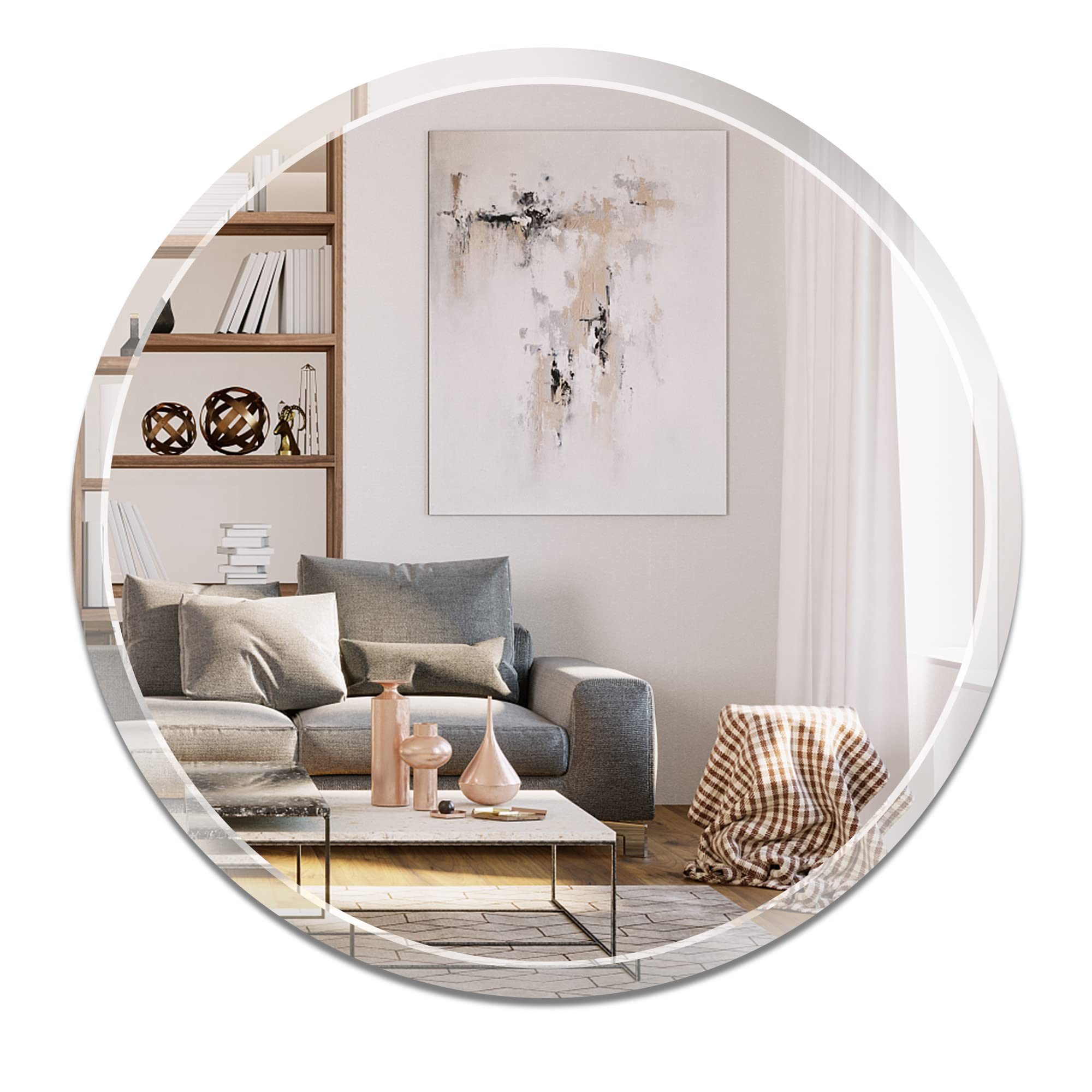 Villacola 36 Inch Round Frameless Wall Mirror with Beveled Edge - Decorative Bathroom Mirror for Entryway, Living Room, Bedroom & Dorm - Perfect for Vanity, Makeup & Home Decor