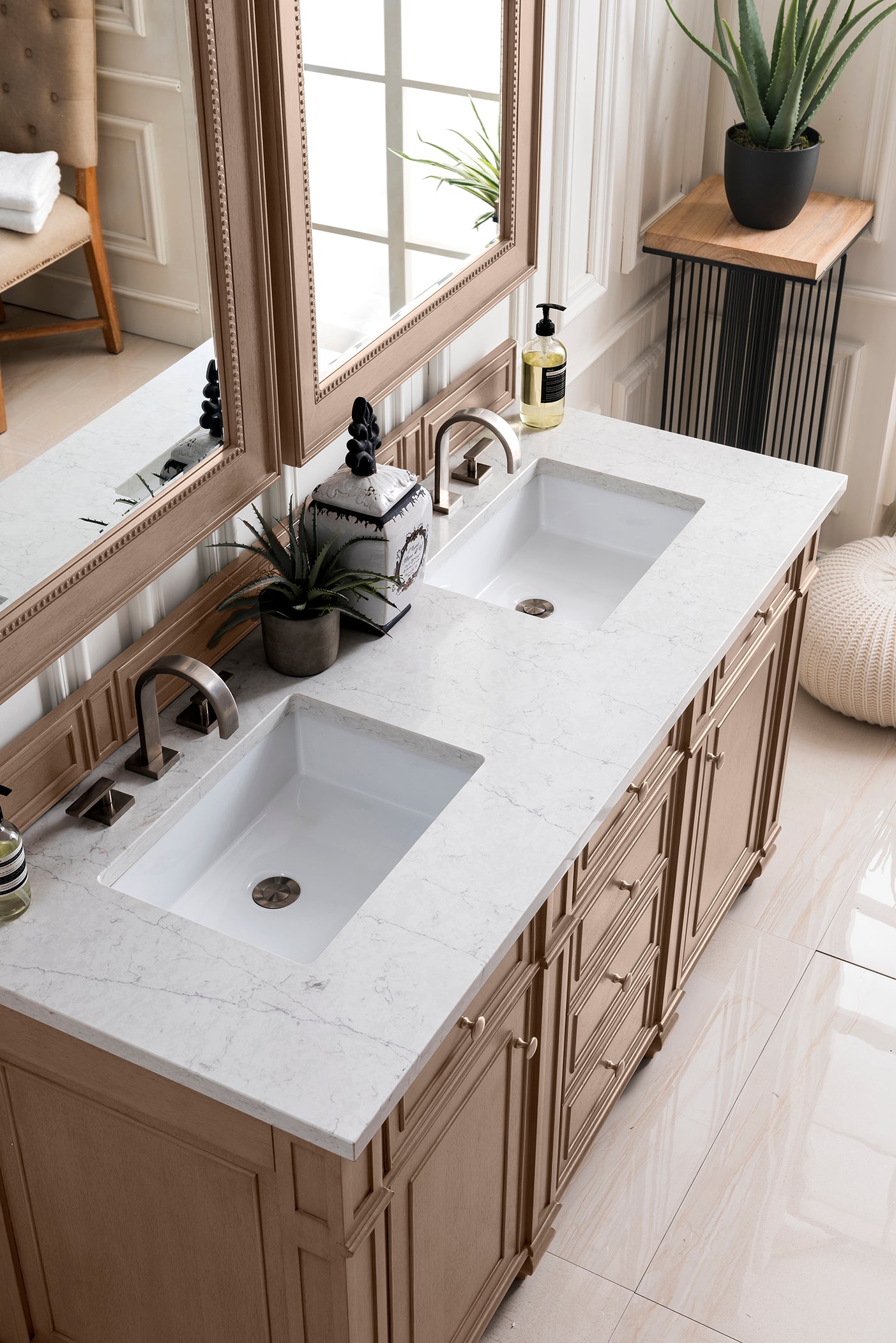Bristol 60-Inch Double Bathroom Vanity Set with Whitewashed Walnut Base & 3CM Eternal Jasmine Pearl Quartz Countertop - Perfect for Master Bathroom Renovation and Modern Home Decor