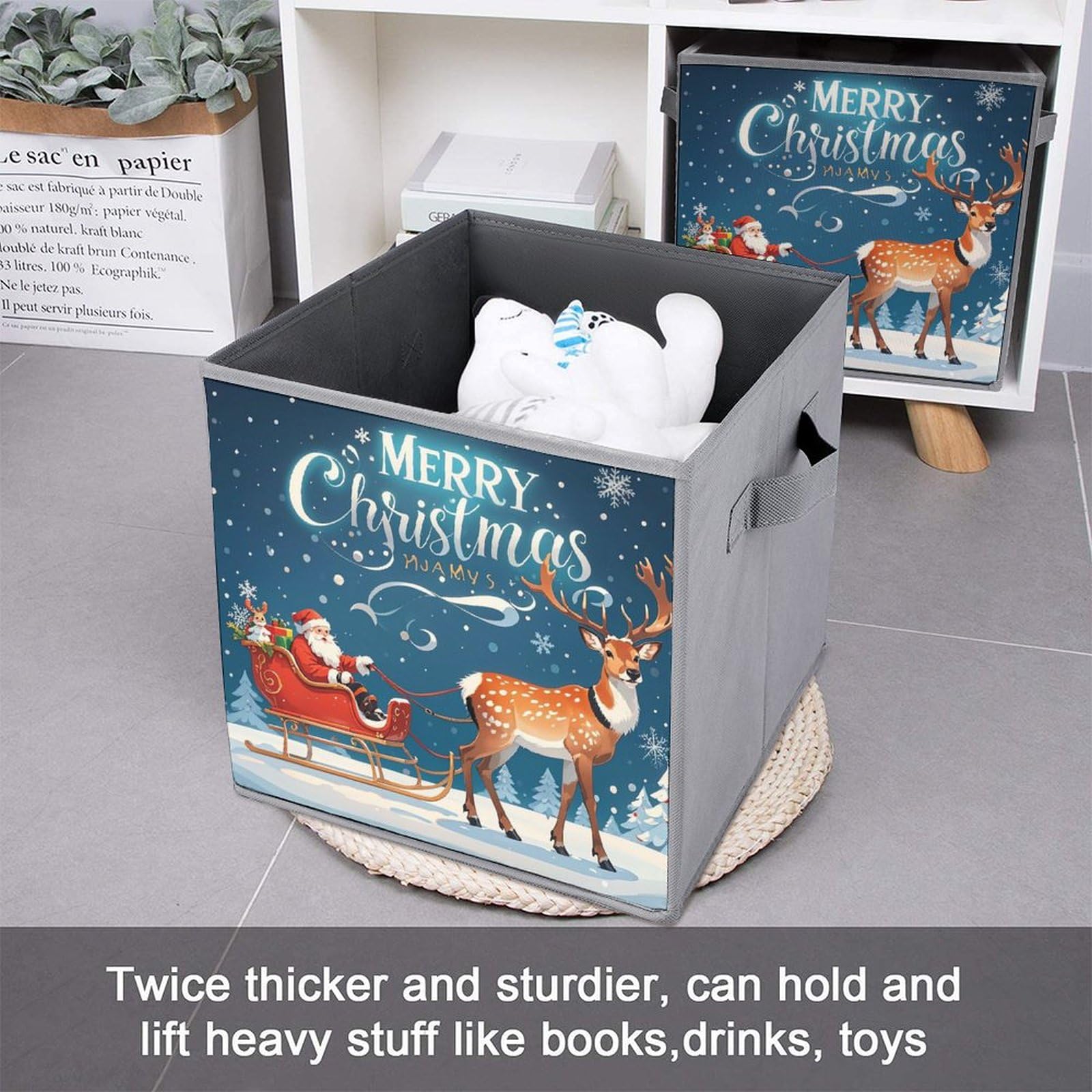 Foldable Storage Bins with Handles - Large Capacity Santa Claus & Elk Pulling Sled Printed Storage Boxes for Playroom, Office, Home Organization | Perfect for Toys, Books, and Holiday Decor Storage