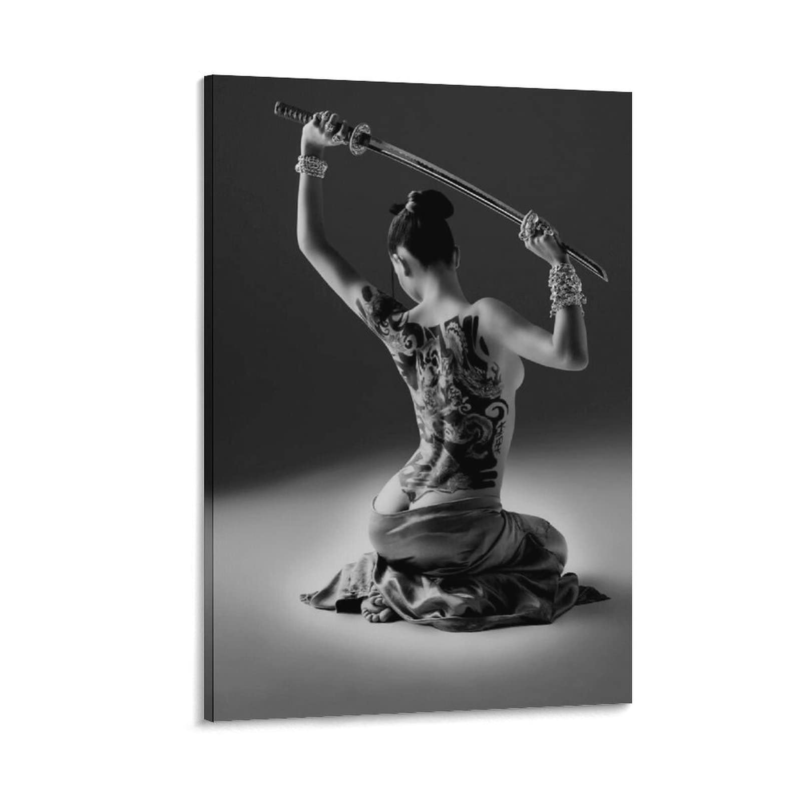 Black and White Tattoo Art Poster - Sexy Lady with Knife Wall Decor Canvas Painting Print (24x36 inch/60x90cm Framed) for Living Room, Bedroom, Bar & Tattoo Studio Decor - Gothic Home Art & Unique Gift Idea