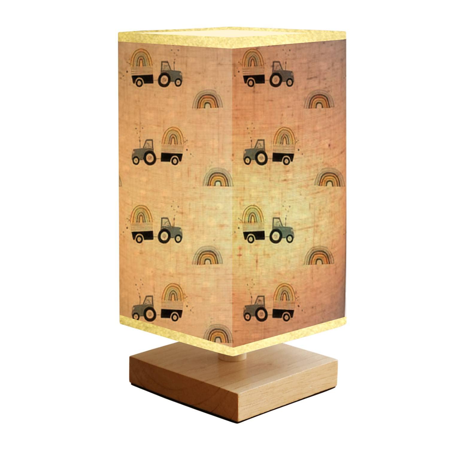 Dinosaur on Tractor Carrying Rainbow Bedside Lamp - Minimalist Wood Base with Rectangular Fabric Shade, Nightstand Reading Light for Bedroom, Living Room, Nursery | Perfect for Kids' Rooms, Cozy Reading Nooks & Bedside Lighting