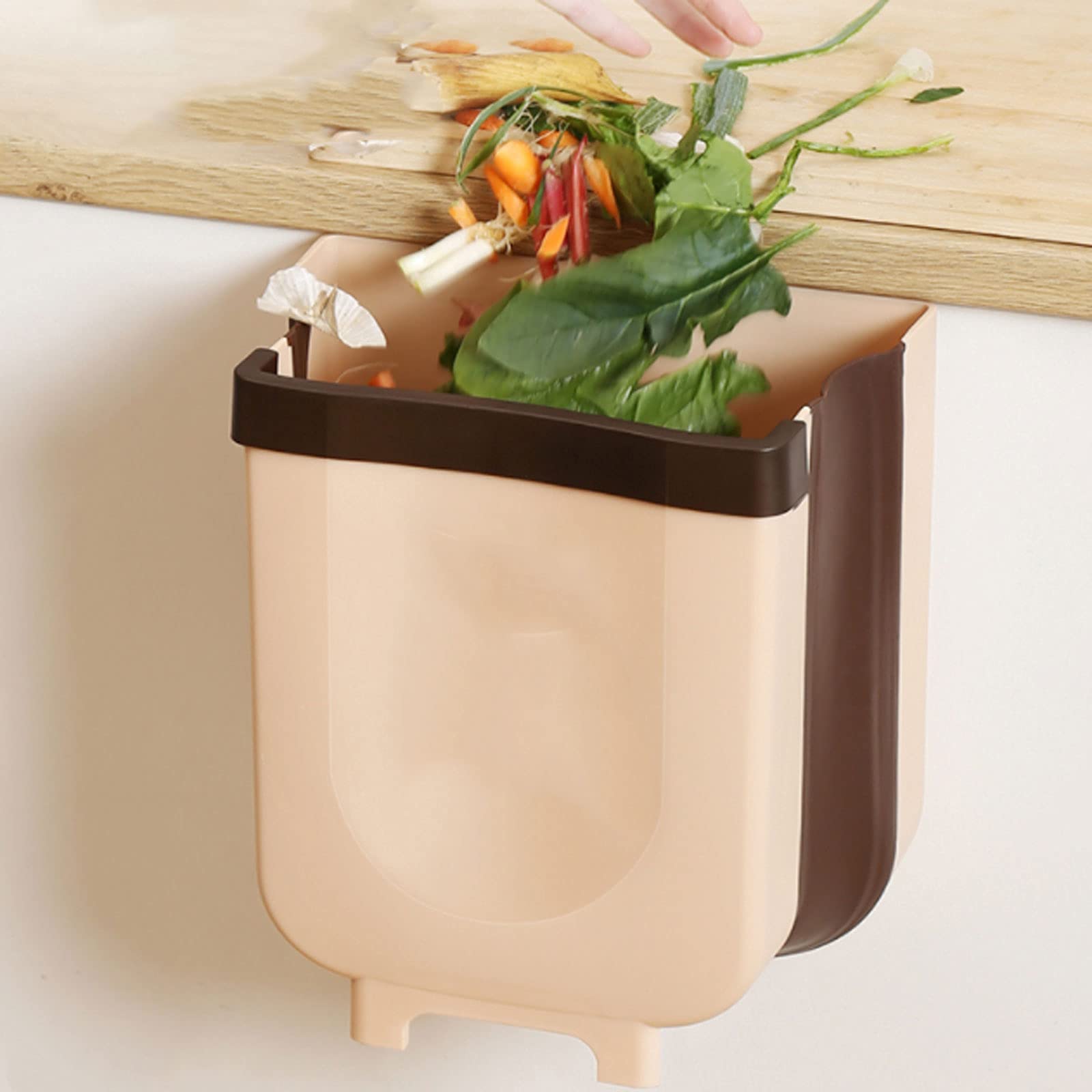 Collapsible 11L Wall Mounted Trash Can - Brown Plastic Hanging Garbage Bin for Kitchen Cabinet Door | Space Saving Waste Container for Home, RV & Outdoor Use