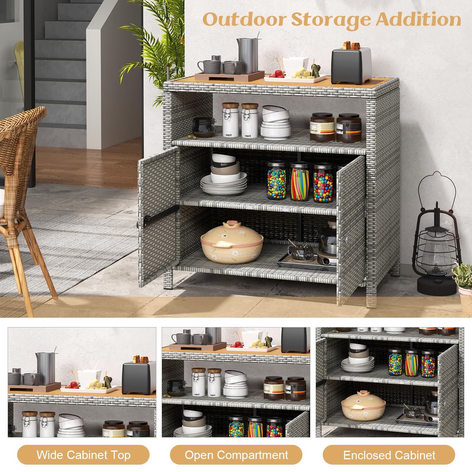 Tangkula Rattan Storage Cabinet with Acacia Wood Countertop - 2-Door Wicker Sideboard for Outdoor Patio, Poolside & Garden - Mix Grey Storage Organizer with Open & Enclosed Compartments
