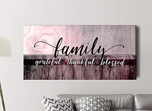 Family Grateful Thankful Blessed Christian Wall Decor - Purple Wine Red Wooden Sign (60x27 Inch) for Living Room, Bedroom & Home Decorations - Perfect Gift for Housewarming, Wedding & Holidays