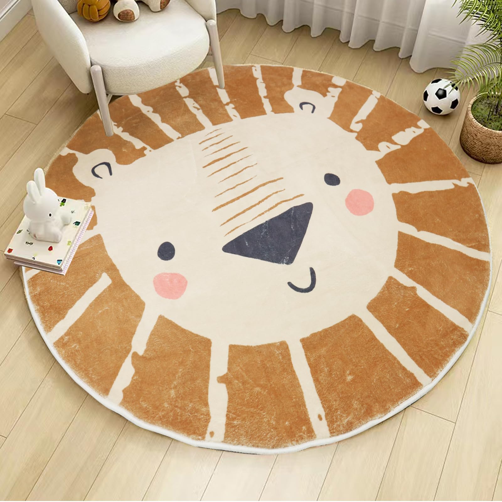 ABREEZE 4ft Lion Round Kids Play Rug - Soft Plush Non-Slip Nursery Door Mat for Children's Bedroom, Living Room & Playroom (Brown) - Perfect for Playtime, Learning & Cozy Floor Activities