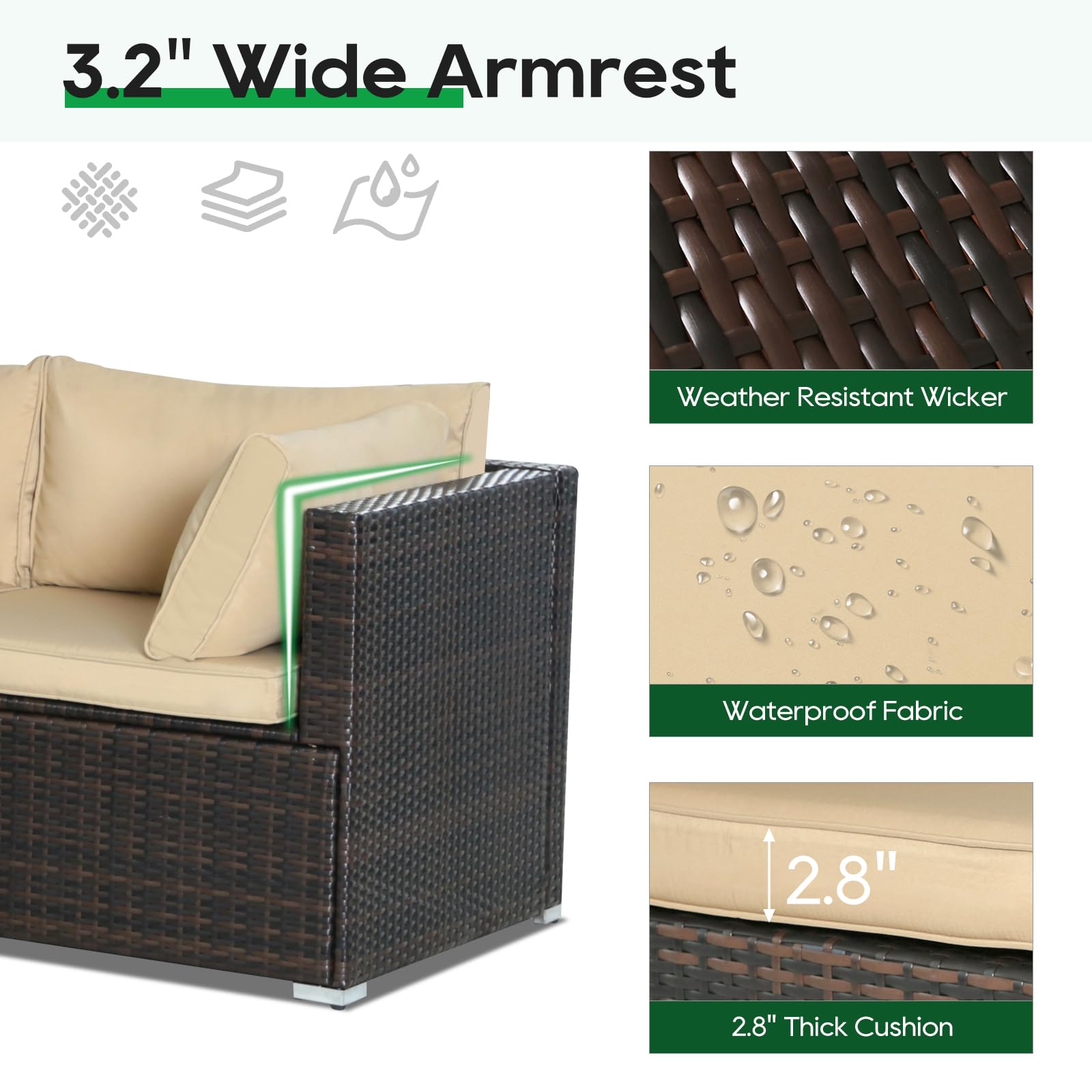 7-Piece Patio Outdoor Furniture Set - Rattan Wicker Sectional Sofa with Coffee Table - Brown Wicker & Khaki Cushion - Perfect for Deck, Lawn, Garden, and Poolside Relaxation