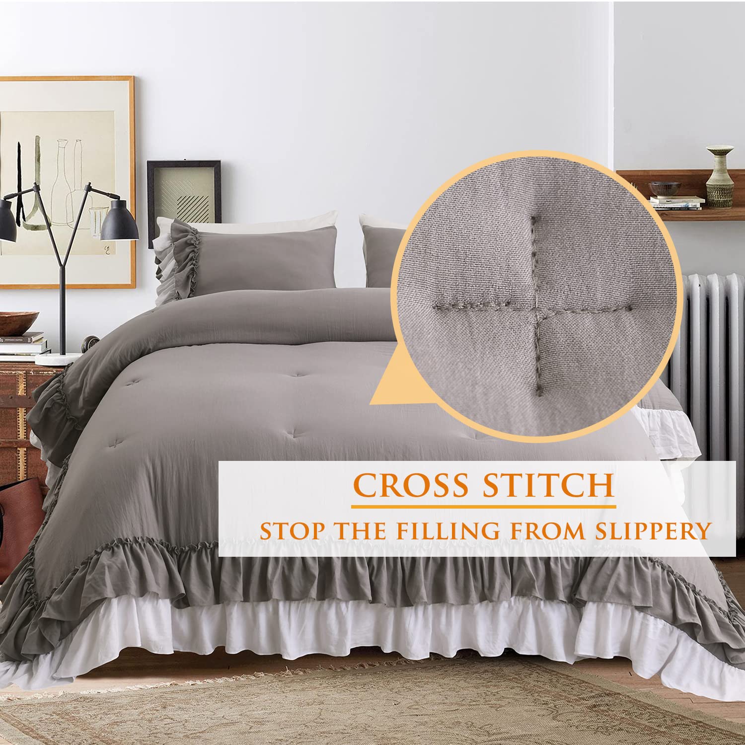 Masaca Ruffle Queen Comforter Set - Grey White Shabby Chic Boho Farmhouse Bedding with 1 Comforter & 2 Pillowcases for Cozy Bedroom Decor | Perfect for Guest Rooms, Master Bedrooms & Airbnb Stays