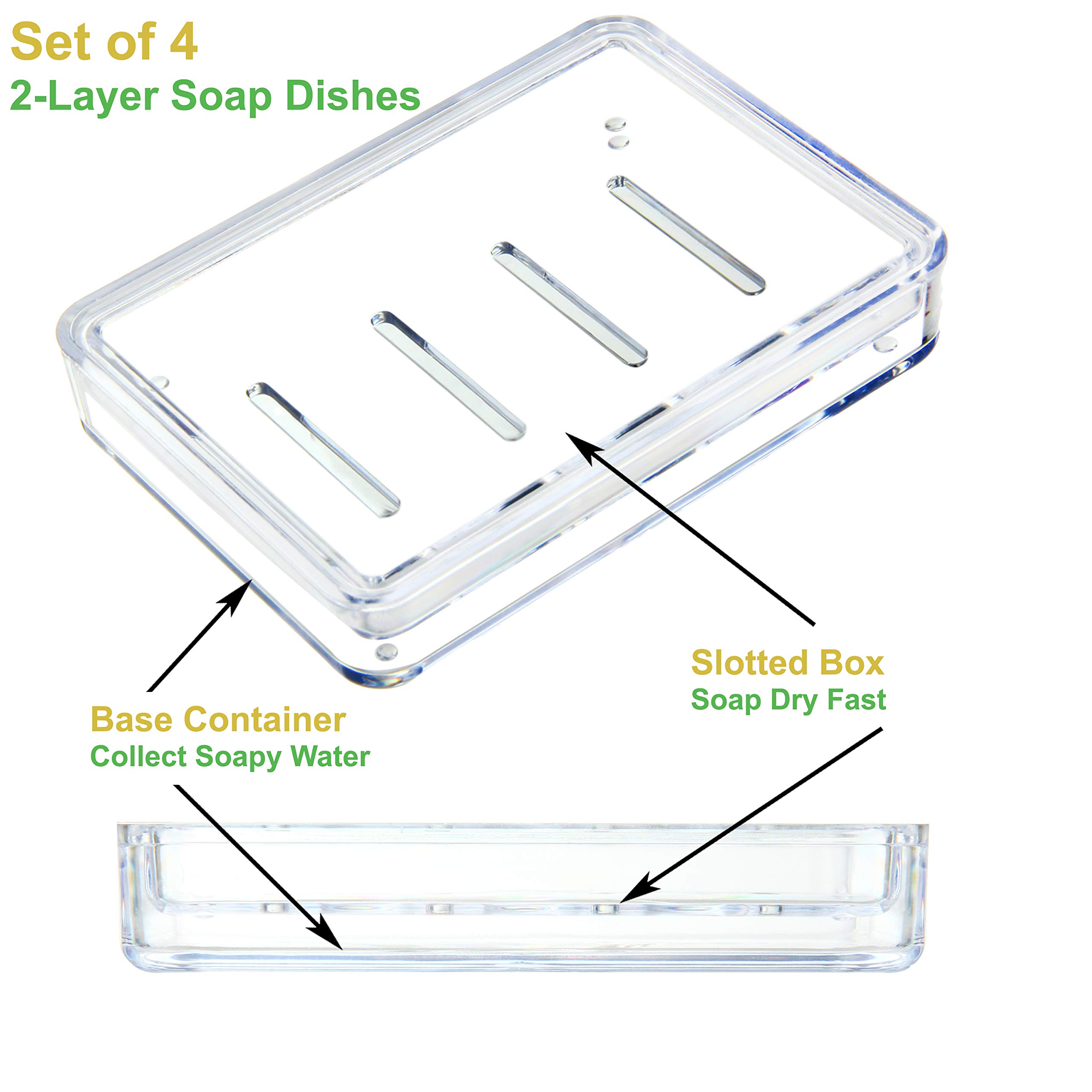 Youngever 4 Pack Clear Detachable Soap Holders & Soap Savers - Durable Shower & Bathroom Soap Dishes for Sink, Countertop - Perfect for Home, Hotel & Spa Use