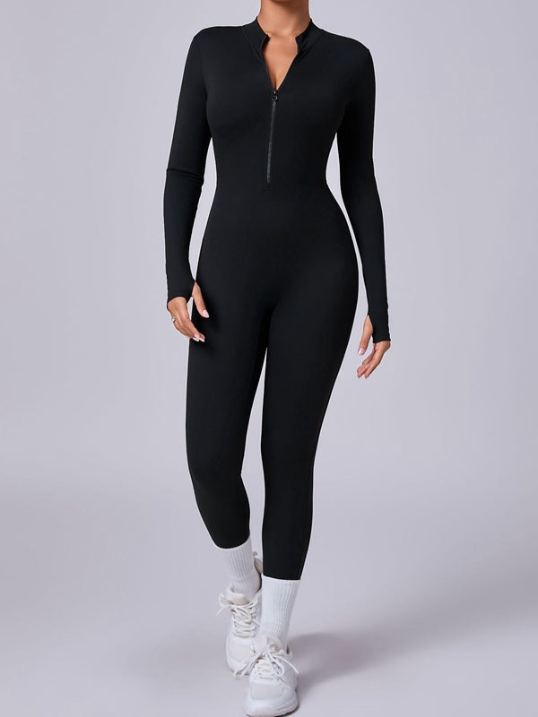 ZASUWA Women's Zipper Thumbhole High-Waist Jumpsuit - Slimming Bodysuit for Workout, Yoga & Casual Wear