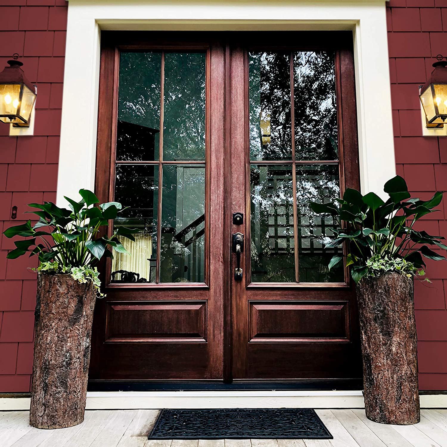 Rustic Extra Large Tall Log Planters Set of 2 - Heavy Duty Farmhouse Style Front Door Plant Pots for Cabin, Lake House & Country Home Entrance - Perfect for Porch, Patio & Garden Decor - Outdoor Plant Containers for Flowers, Greenery & Seasonal Displays
