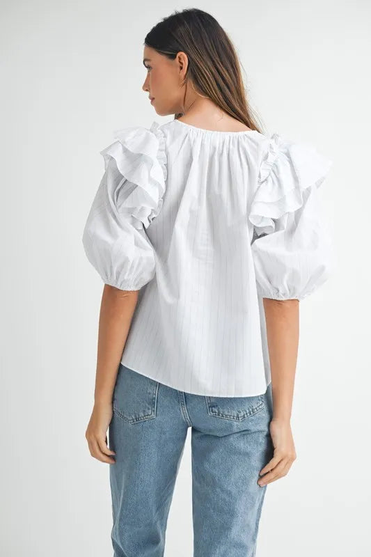 Elegant Stripe Ruffle Shoulder Puff Sleeve Blouse for Women - Trendy Office & Party Wear - Perfect for Work, Date Night & Special Occasions