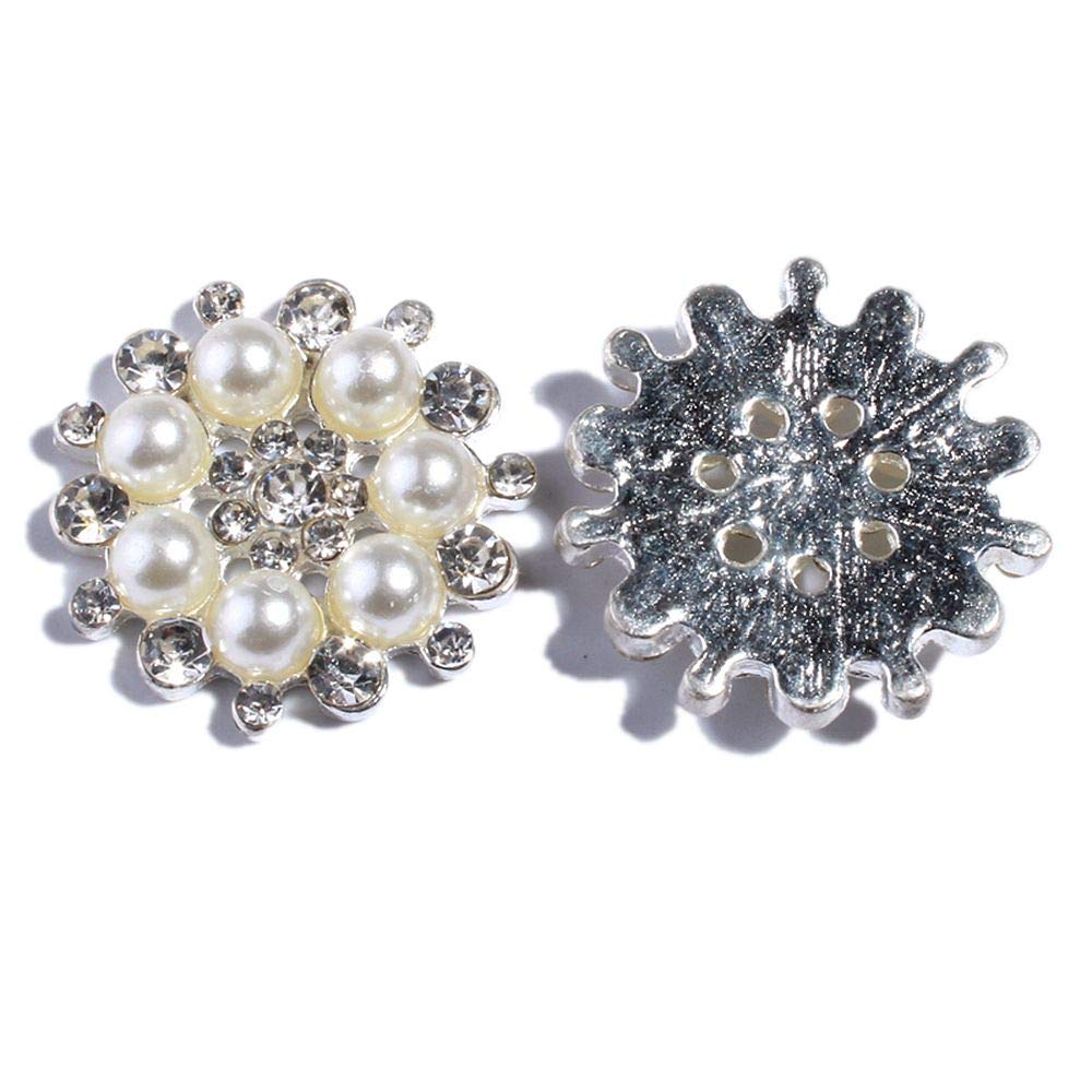 50PC 1.1 Inch 28mm Silver Metal Pearl Crystal Rhinestone Buttons - Flatback Embellishments for DIY Headbands, Hair Accessories, Wedding Bouquets & Invitations - Perfect for Bridal Jewelry, Craft Projects & Party Decorations