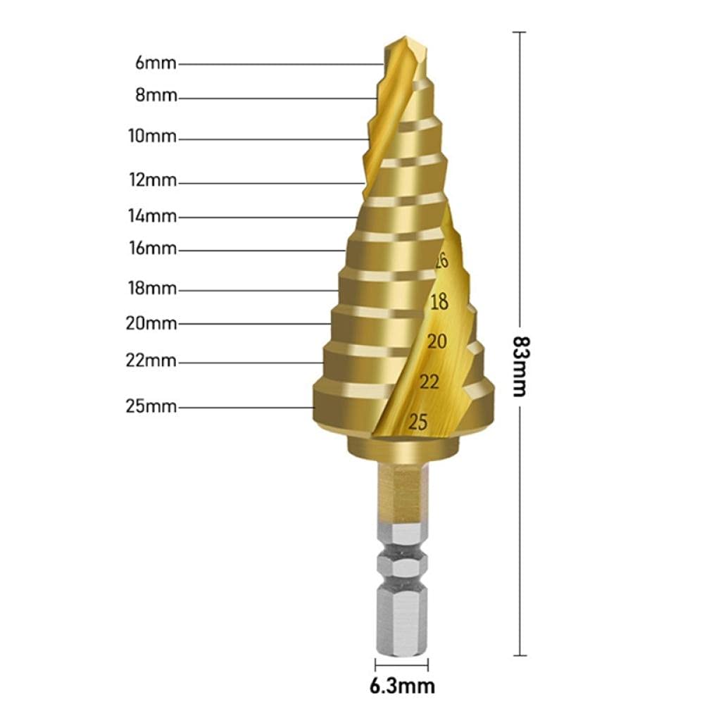 6-25mm Titanium Coated HSS Step Cone Drill Bit with Hex Shank - Perfect for Wood, Metal & Plastic Drilling Projects