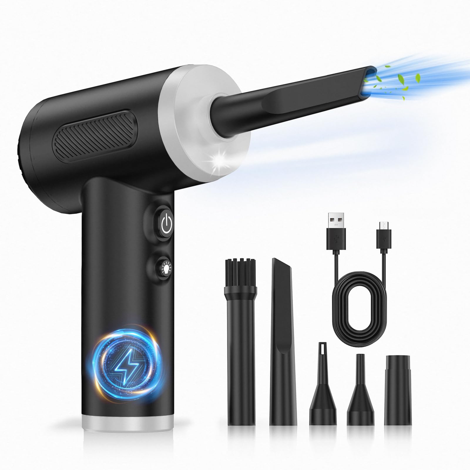 Rechargeable Electric Air Duster - 100,000 RPM High-Speed Compressed Air Blower for Computers, Keyboards & Electronics | 3-Speed Adjustable, LED Light, 8-Piece Cleaning Kit | Perfect for PC Maintenance, Dusting Electronics & Car Detailing