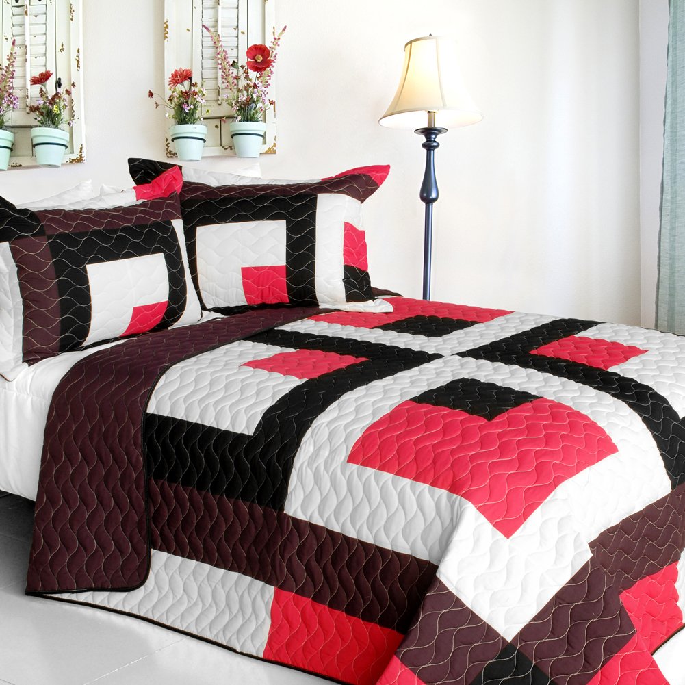 Chocolate Kingdom 3-Piece Vermicelli-Quilted Patchwork Bedding Set - Full/Queen Size Comforter, Pillow Shams & Bed Skirt - Cozy Luxury for Master Bedroom & Guest Room Decor