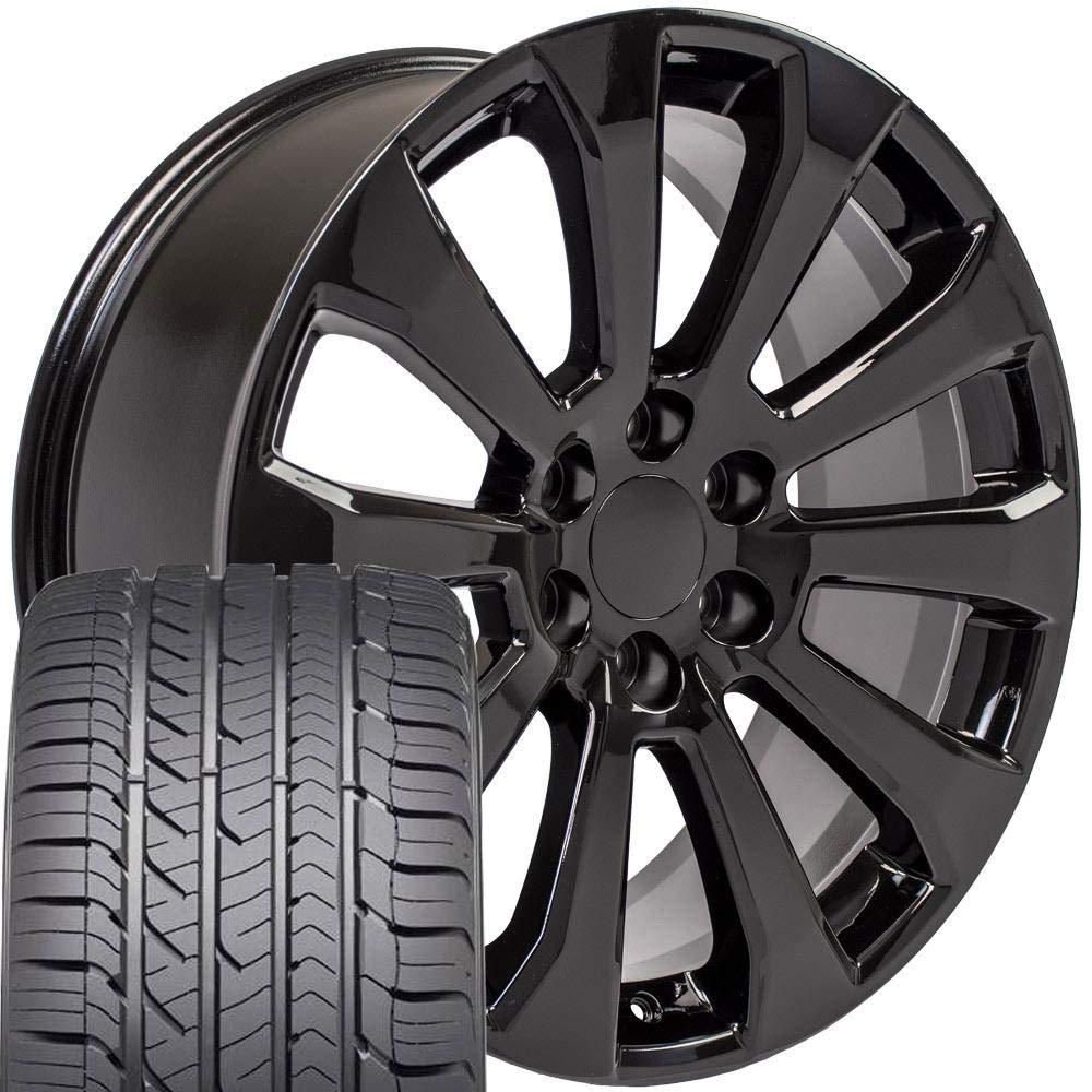 OE Wheels 22 Inch Rims - Fits Chevy Silverado, Tahoe, GMC Sierra, Yukon & Cadillac Escalade - CV95 Black 22x9 Wheels with Goodyear Tires (Set of 4) - Perfect for Off-Roading, Street Performance & Truck Customization