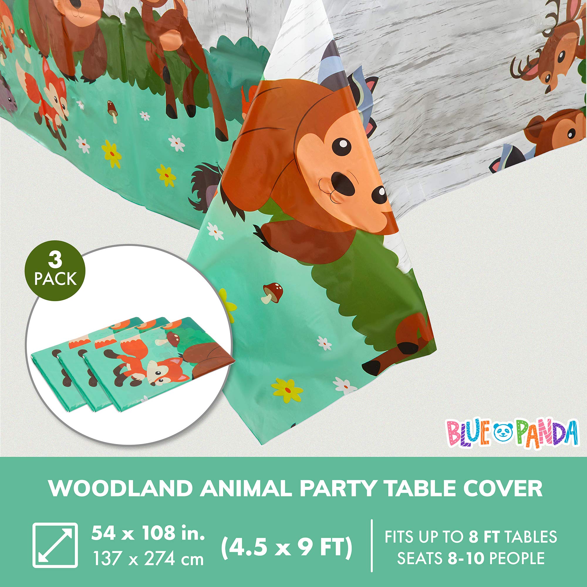 BLUE PANDA Woodland Animals Disposable Plastic Tablecloth for Birthday Party, Soccer Game, Forest Theme Decor (54 x 108 Inches, 3-Pack) - Waterproof & Easy Clean - Perfect for Outdoor Picnics, Baby Showers & Holiday Gatherings
