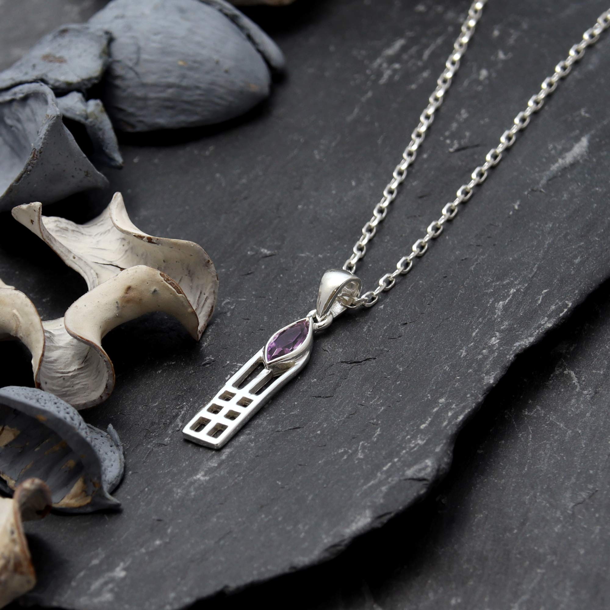 925 Sterling Silver & Amethyst Charles Rennie Mackintosh Pendant Necklace for Women - 18