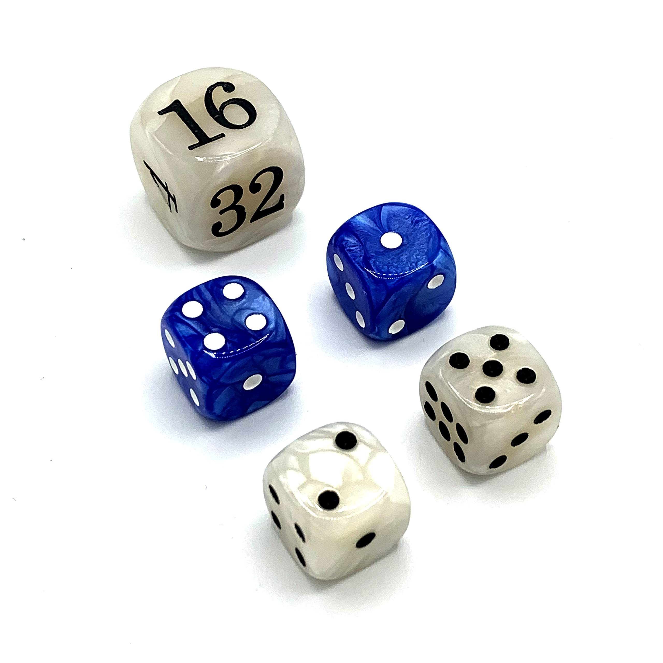 Luck Lab Backgammon Pearl Dice Set - 22mm Doubling Cube & 4x16mm Dice with Bonus Storage Bag | Blue/White Marble Design | Perfect for Board Games, Travel & Gifts