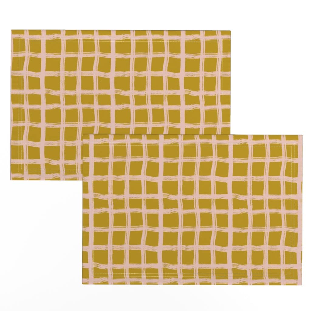 Premium Linen Cotton Canvas Placemats Set of 2 - Blush Gold Plaid Grid Midcentury Modern Design for Dining Table Decor | Washable & Durable Kitchen Table Mats for Everyday Use, Dinner Parties & Holiday Entertaining