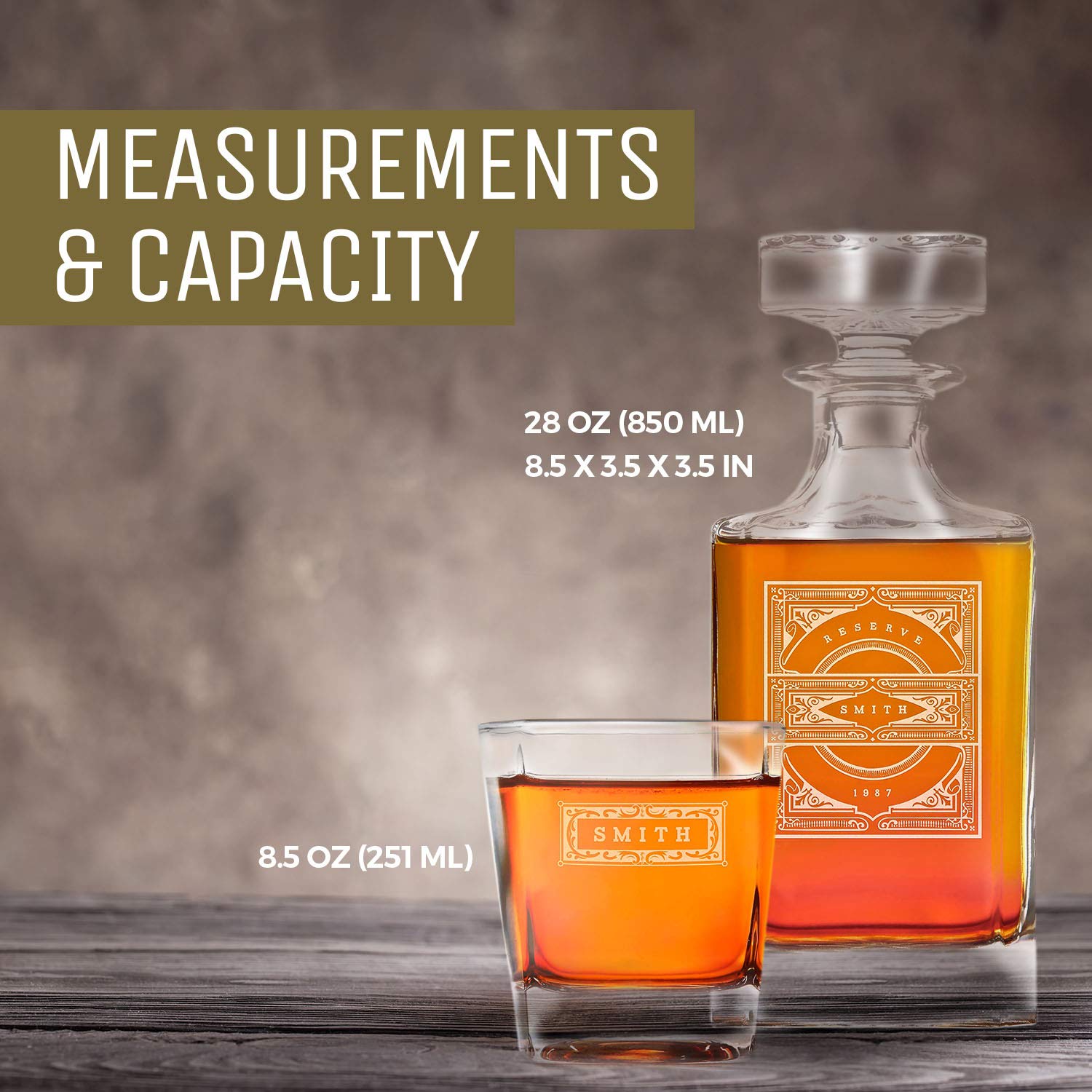 Personalized Whiskey Decanter Set with 2 Engraved Glasses - Custom Vintage Whisky Gift for Men - Perfect for Home Bars, Anniversaries & Bourbon Tasting