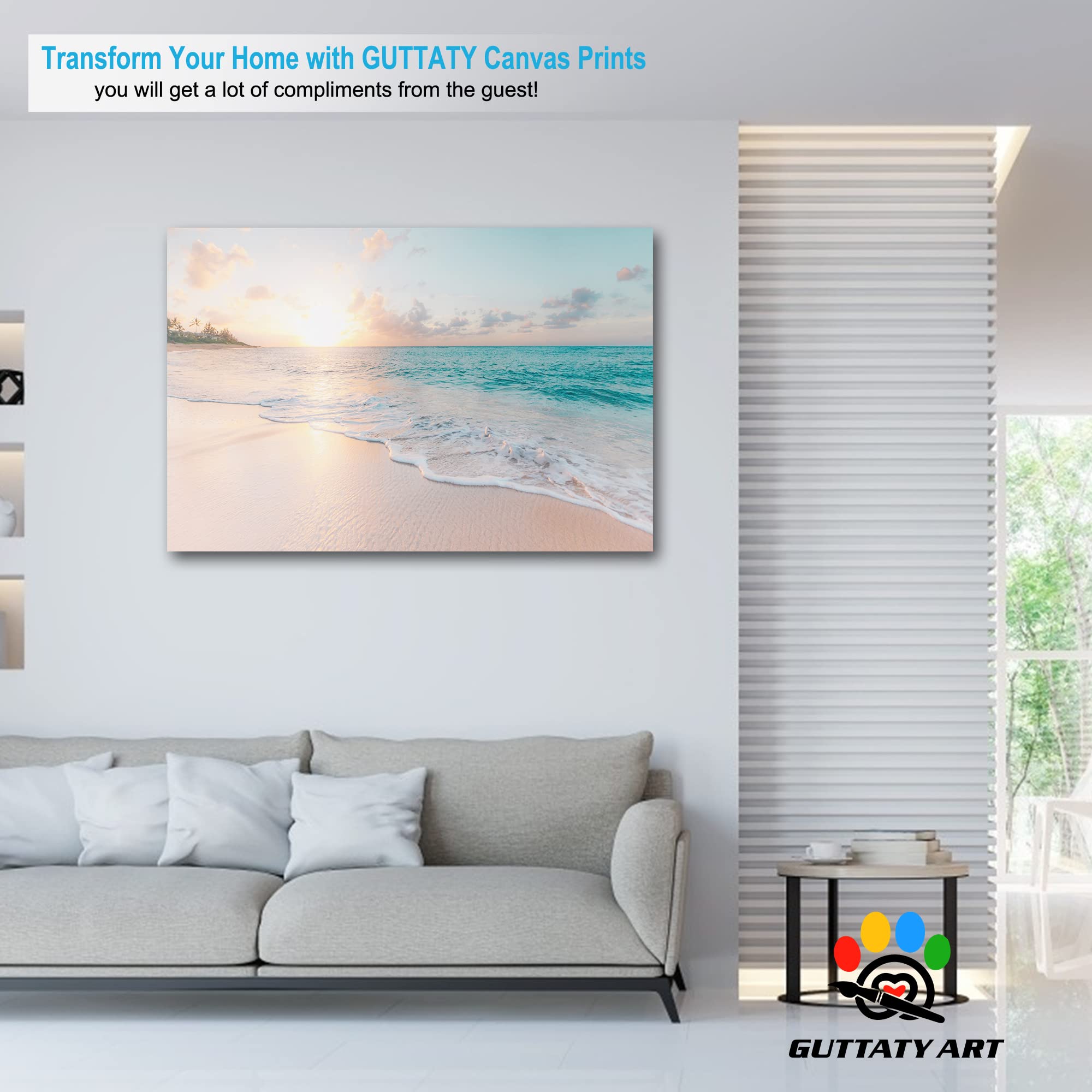 GUTTATY Large Sunrise and Beach Canvas Wall Art - Coastal Ocean Painting for Living Room Decor, Framed Seascape Print (32x48 Inches) - Perfect for Beach House, Bedroom, or Office Wall Decoration