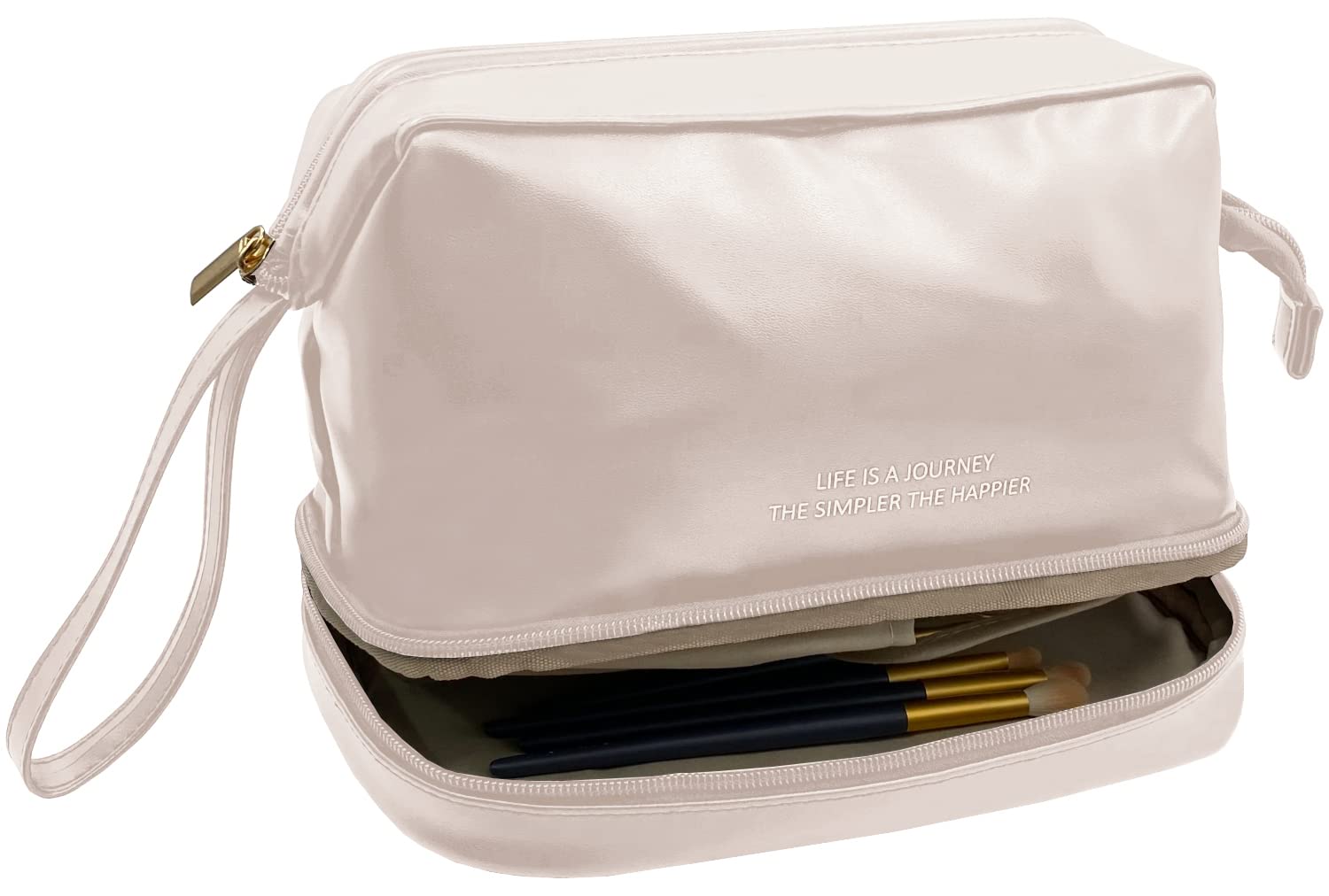 Large Travel Makeup Bag for Women - Double Layer PU Leather Cosmetic Organizer | Roomy Waterproof Toiletry Bag with Mirror | Perfect for Vacation, Gym & Air Travel (White)