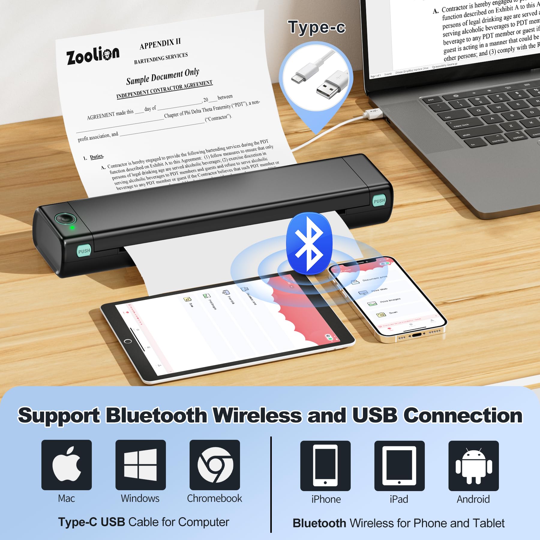 Zoolion M08F Portable Thermal Printer - Wireless, Inkless, Compact for Home Office & Travel | Supports 8.5