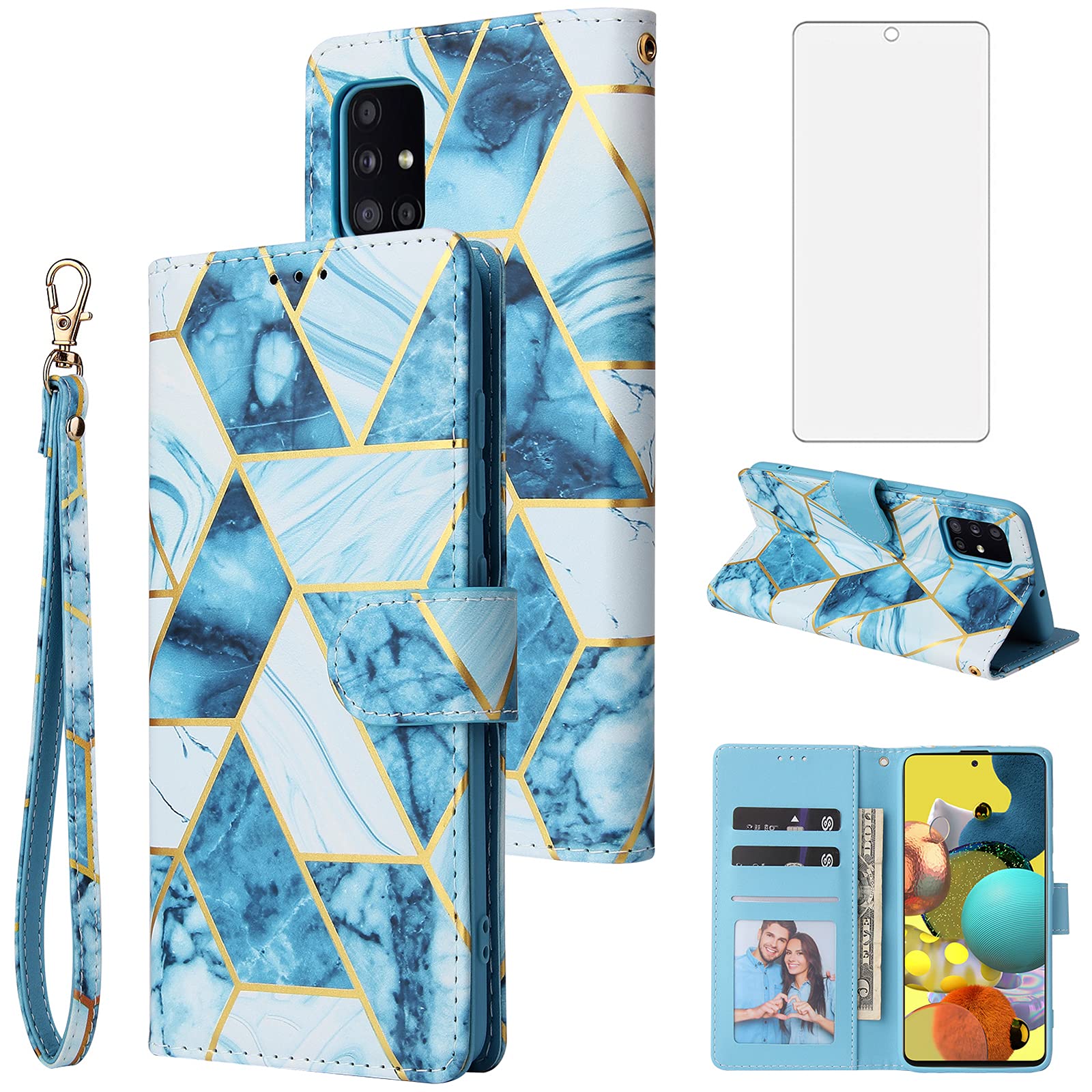 **Asuwish Samsung Galaxy A51 5G / A51 5G UW Wallet Case with Card Holder & Stand - Leather Flip Cover & Tempered Glass Screen Protector - Compatible with Verizon Galaxy 51A G5 Gaxaly S51 (Blue) - Perfect for Work, Travel & Everyday Use**