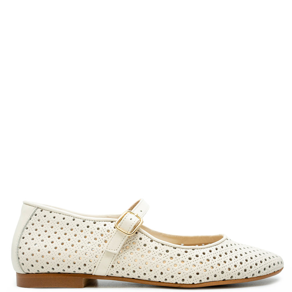 Blublonc Ivory Perforated Mary Jane Shoes - Comfortable Women's Casual Flats with Breathable Design | Perfect for Office, Dating & Everyday Wear