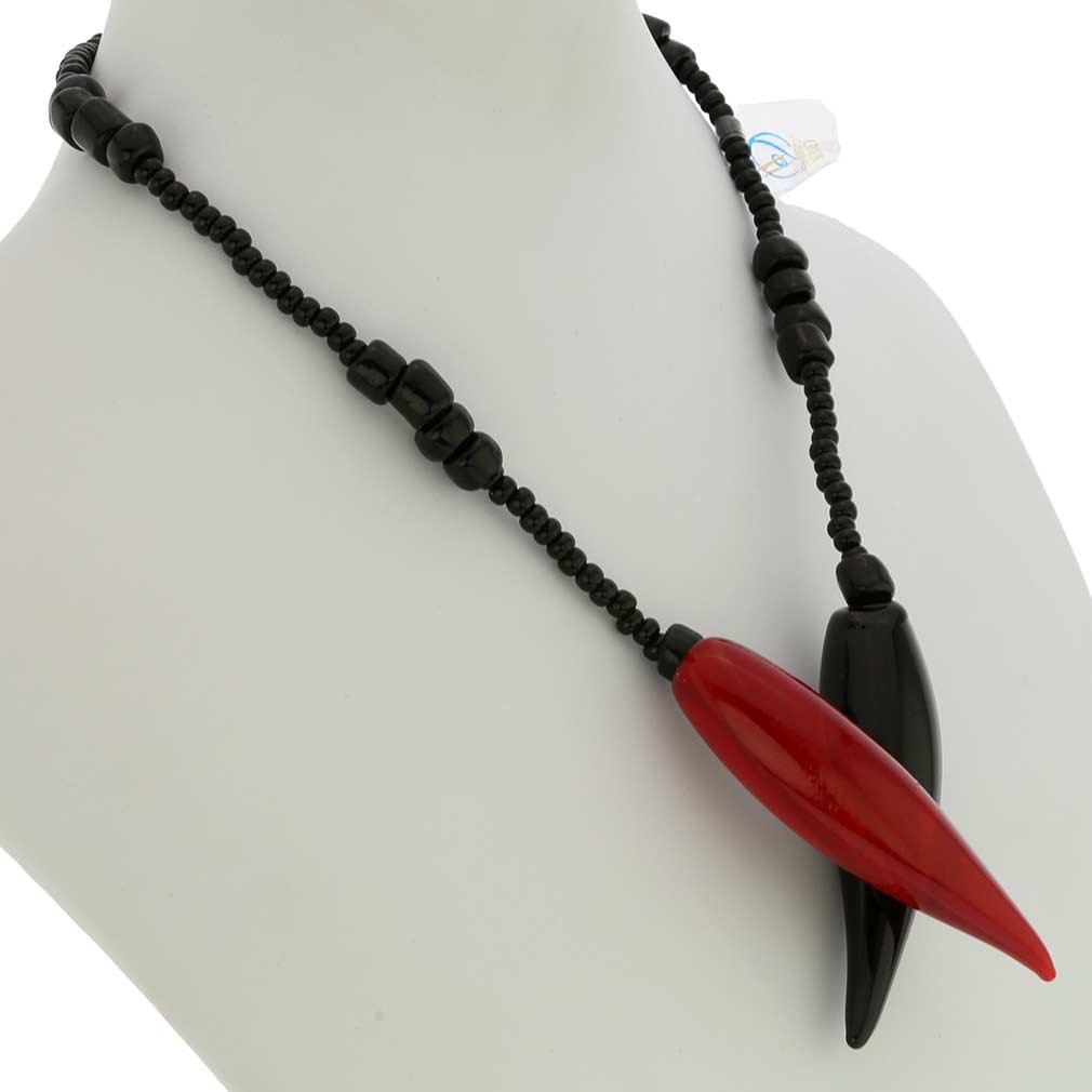 Authentic Murano Glass Horn Necklace in Red & Black - Handmade Venetian Jewelry for Women, Gift for Her, Perfect for Parties & Special Occasions