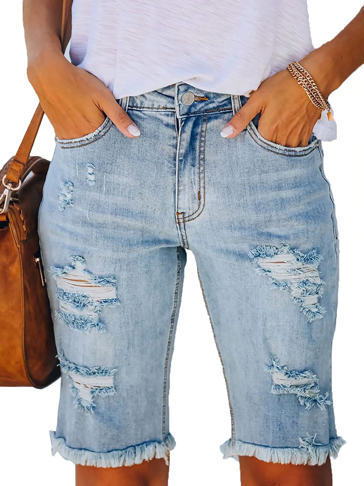 Govc Women's High Rise Ripped Stretchy Denim Bermuda Jean Shorts - Frayed Raw Hem Distressed Denim Shorts for Summer Casual Outfits & Beach Vacations