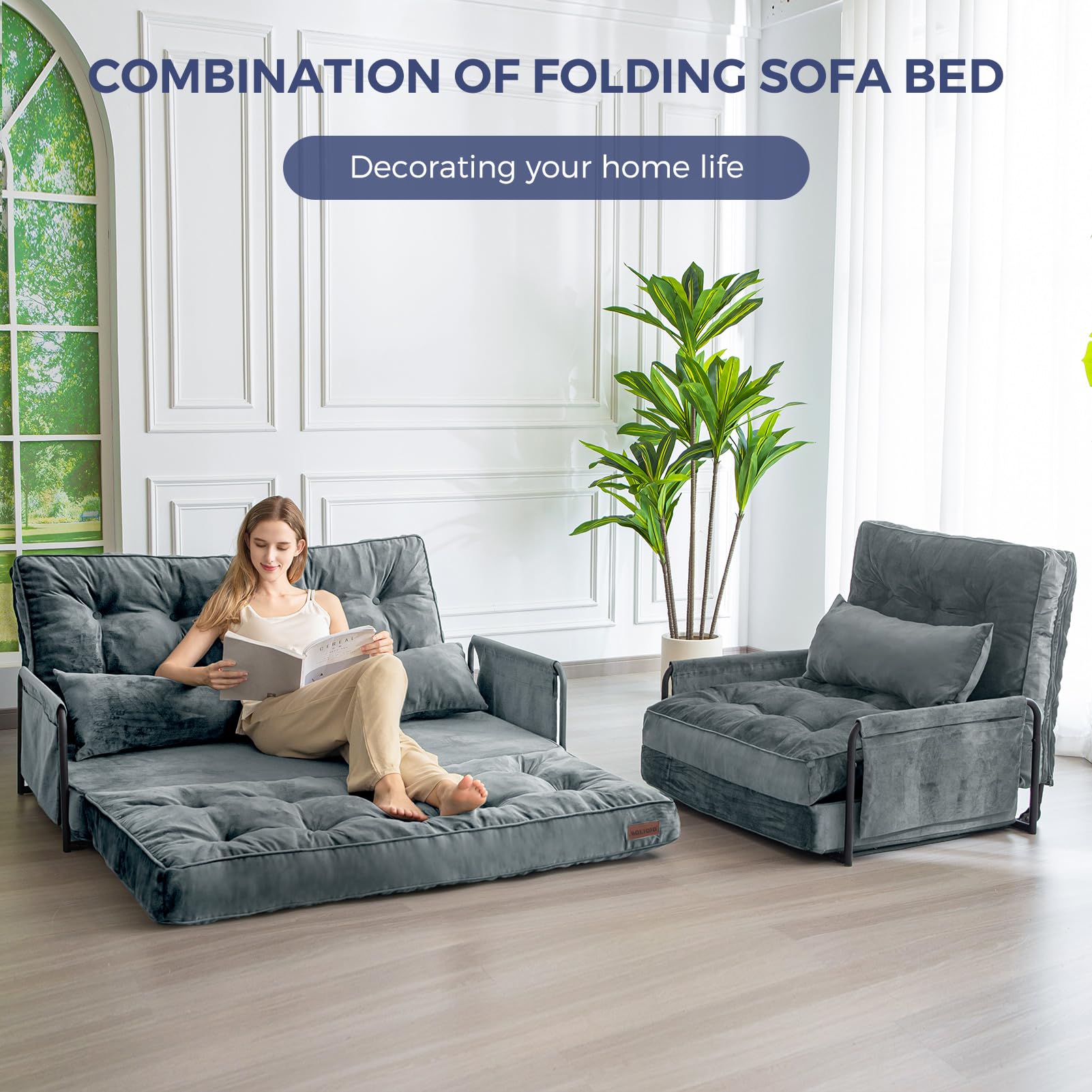 MAXYOYO Adjustable Floor Sofa Couch - Velvet Convertible Lazy Sofa Sleeper Bed with Pillows & Armrest, Double Size in Dark Grey | Perfect for Small Spaces, Living Rooms & Guest Beds