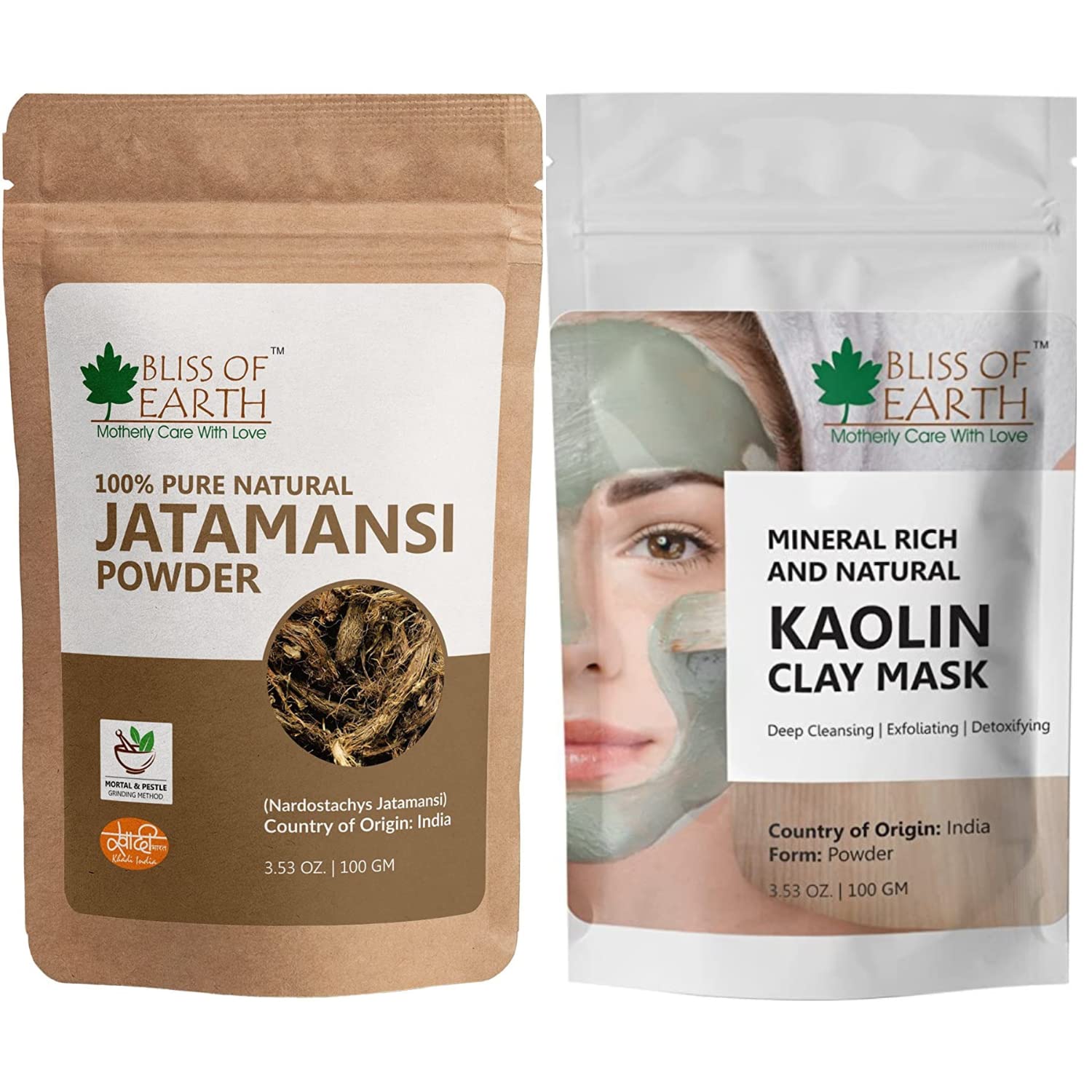 Bliss of Earth® 100% Pure Natural Jatamansi Powder & White Kaolin Clay Powder (100g) | Premium Grade Organic Facial Mask | Oil Control & Deep Cleansing for Acne-Prone Skin | DIY Skincare & Spa Treatment (Pack of 2)