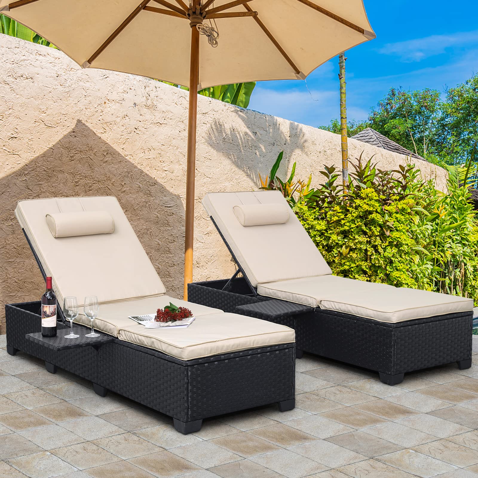 Premium 2-Piece Outdoor PE Wicker Chaise Lounge Set - Black Rattan Patio Reclining Chairs with Adjustable Backrest & Khaki Cushions - Perfect for Poolside, Beach, Garden & Backyard Relaxation