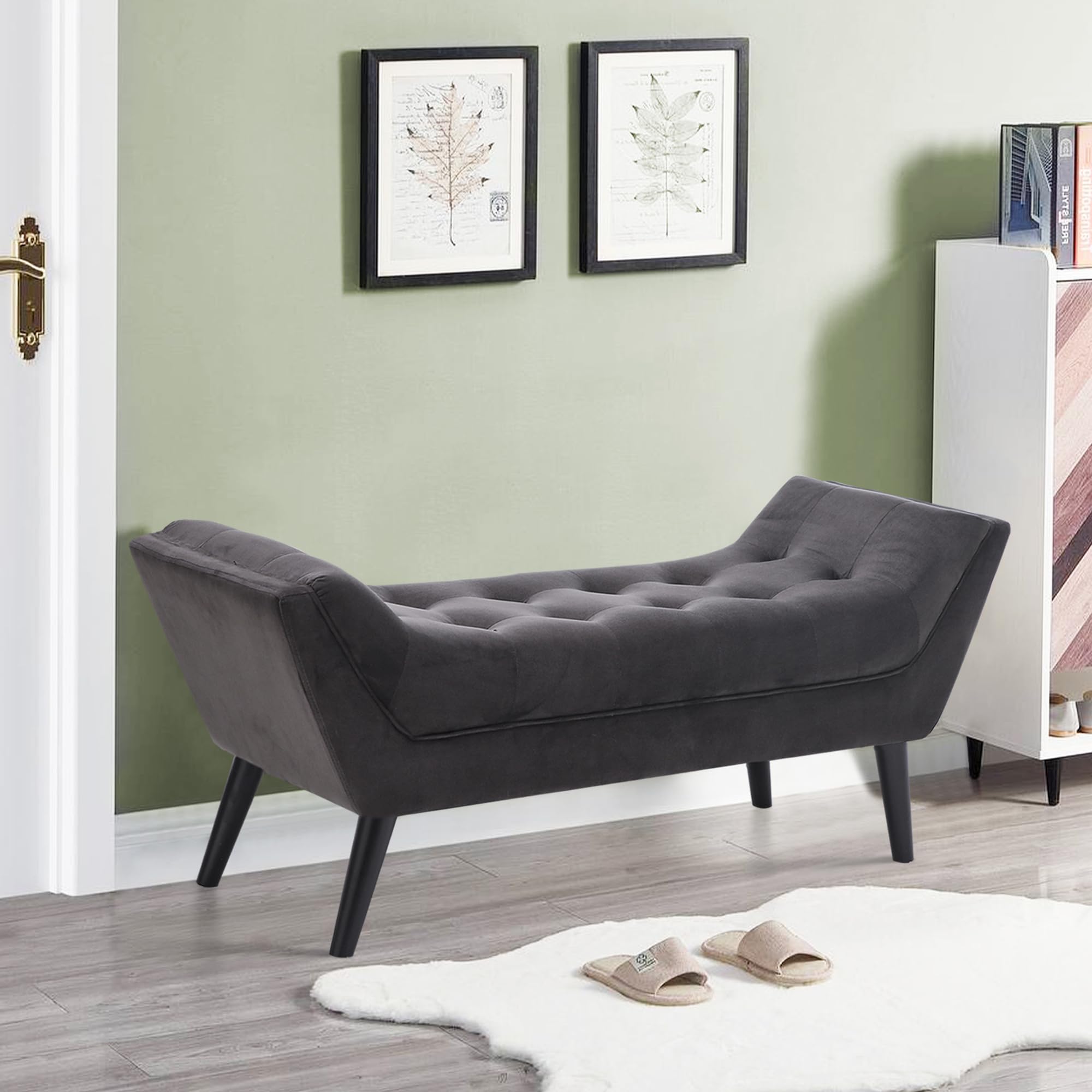 Alunaune Velvet Tufted Ottoman Bed Bench - Dark Gray Upholstered Storage Footstool with Wood Legs, 2-Seater for Bedroom, Entryway & Living Room | Perfect End of Bed Bench, Hallway Seating & Cozy Footrest