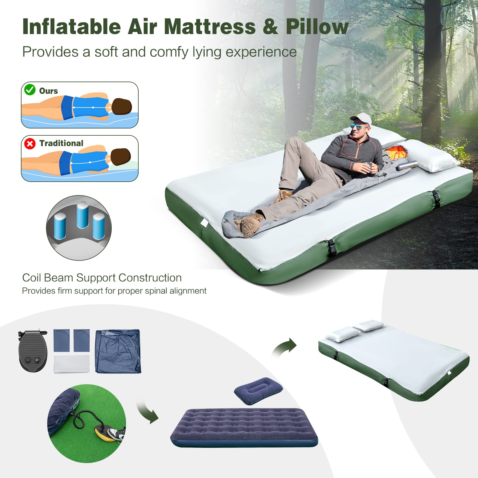 Moccha Folding Camping Tent Cot with Sleeping Bag & Air Mattress - Elevated Portable Outdoor Sleeping System for Camping, Hiking, Backpacking & Picnic - Includes Carry Bag for Easy Transport
