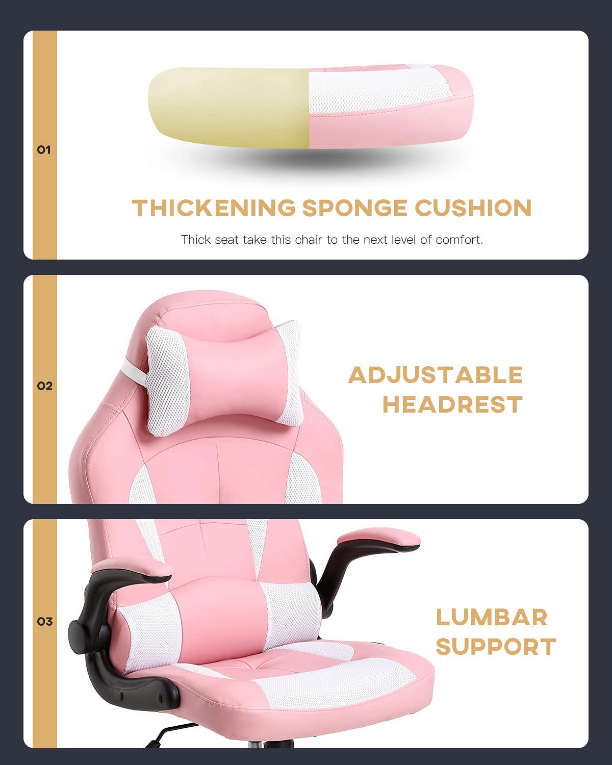 Ergonomic PC Gaming Chair with Adjustable Armrests, Headrest & Lumbar Support - High Back PU Leather Office Desk Chair for Home, Work & Gaming - Comfortable Executive Racing Style Computer Chair (Pink) - Perfect for Esports, Streaming & Long Work Sessions