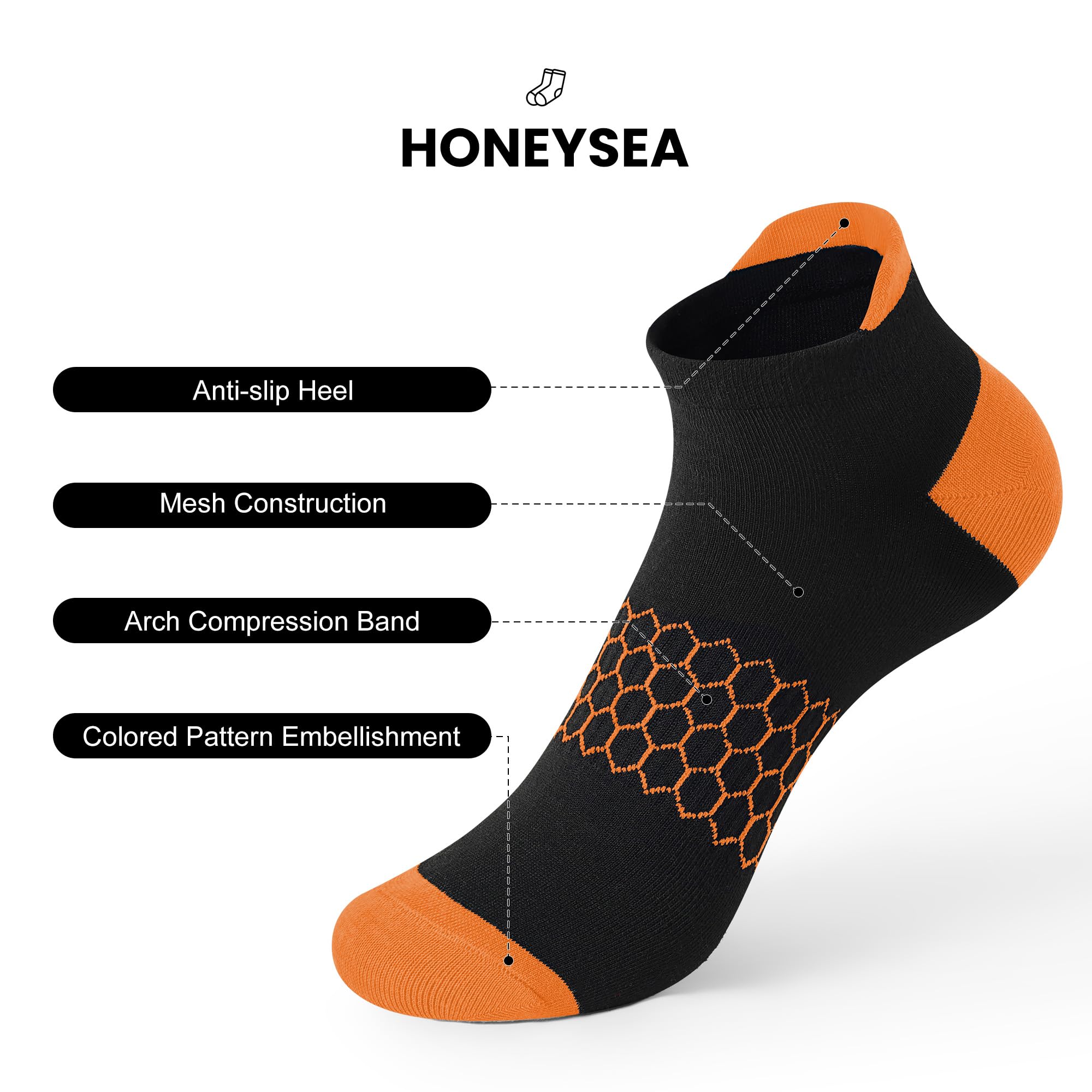 Honeysea Women's Breathable Ankle Socks - 6 Pairs Arch Support for Running & Yoga