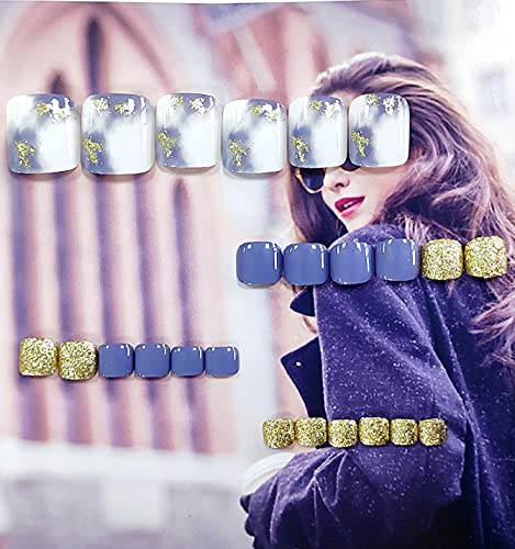 Blufly Glossy Blooming Foil Press on Toenails - Blue & White Square Acrylic Fake Nails with Glitter Sequins for Women & Girls | Easy Pedicure Solution for Parties, Weddings & Special Occasions