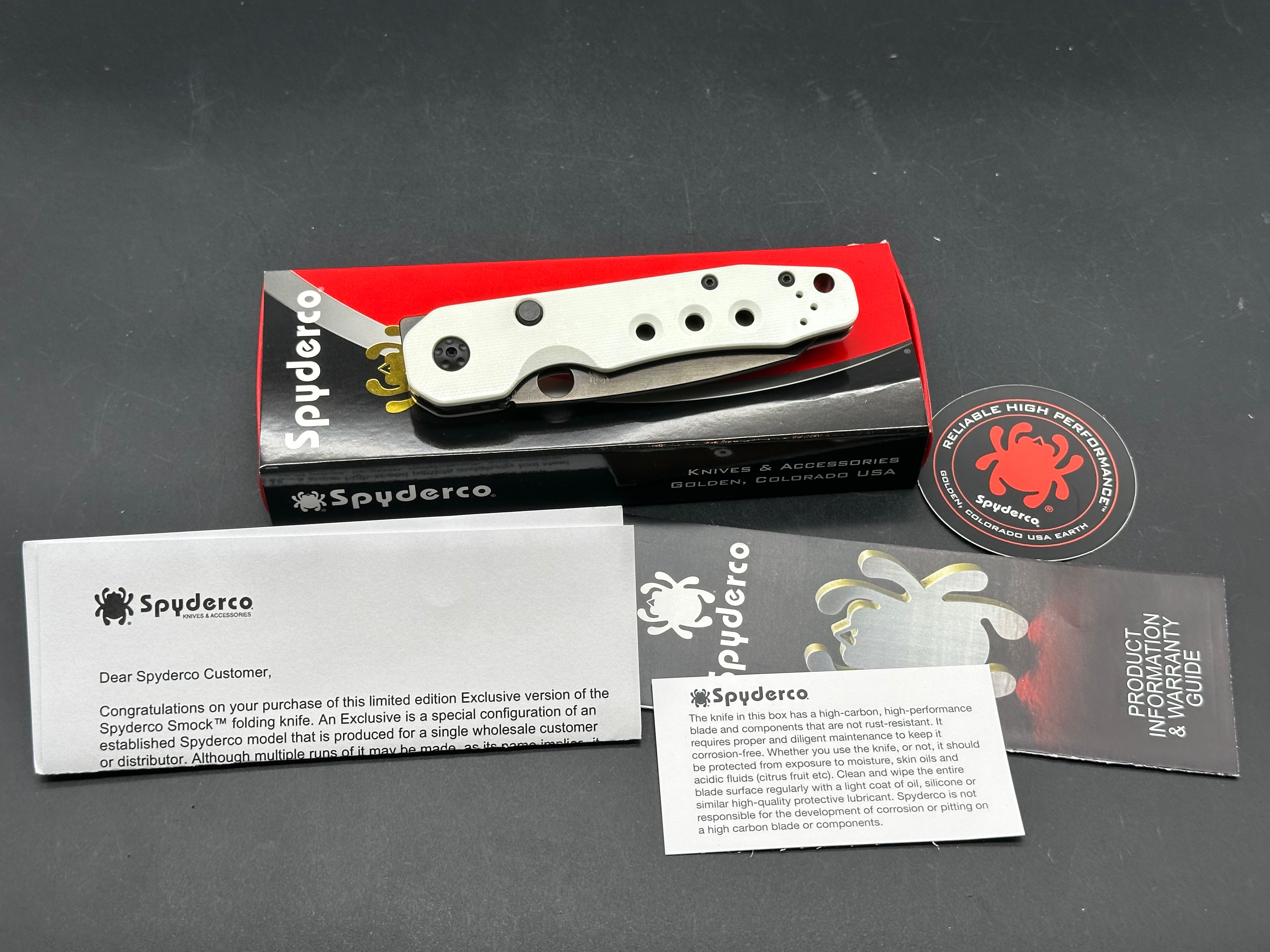 Spyderco Smock Folding Knife - Smooth White G10 Handle, Black Rex 45 Blade - GP Knives Exclusive | EDC, Outdoor, Camping, Survival Gear