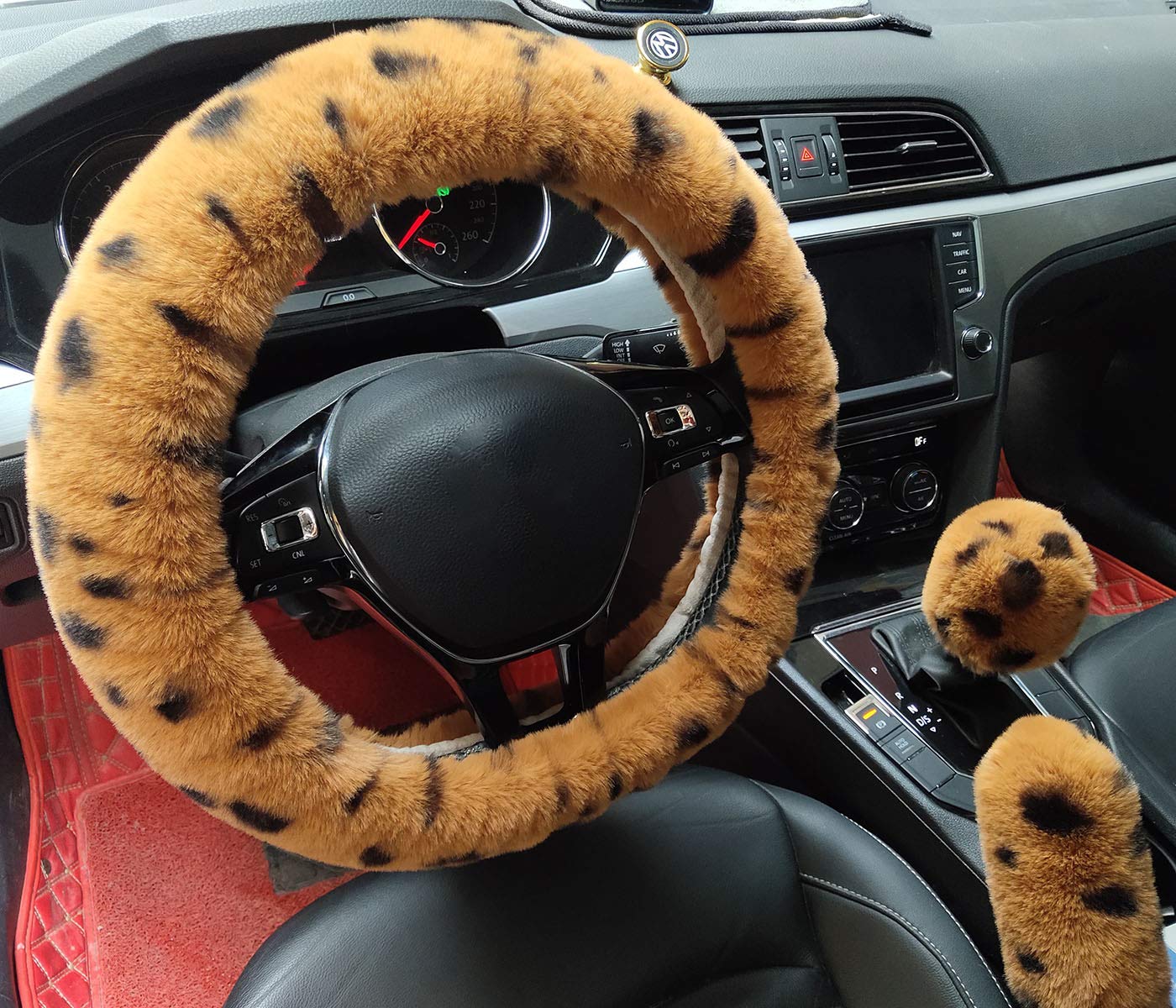 Universal Winter Warm Fluffy Faux Fur Steering Wheel Cover Set - 3pcs (Leopard Print) with Gear Shift & Brake Covers | Soft Plush Car Accessories for Cold Weather Driving Comfort